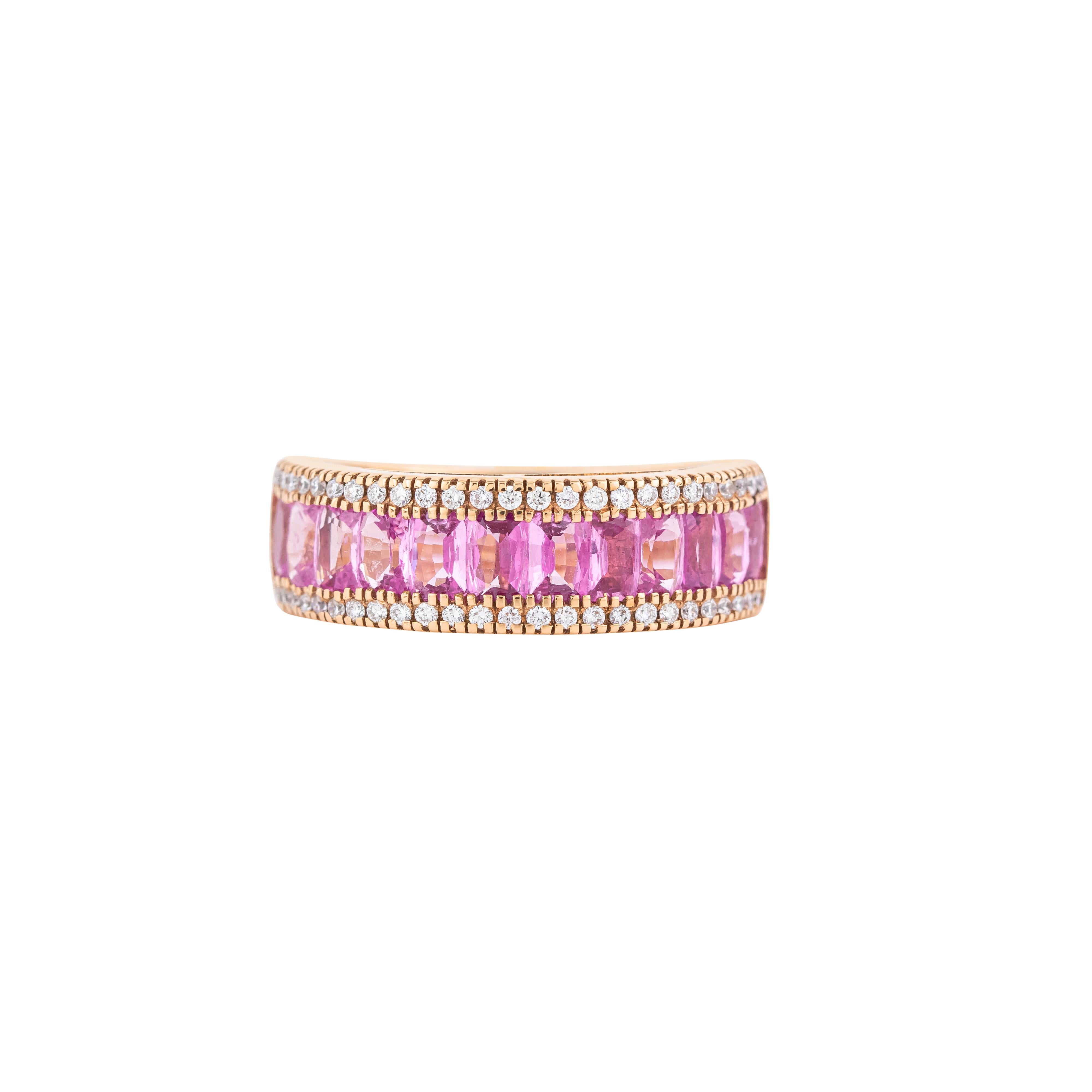 Emerald Cut 18 Karat Gold 2.77 Carat Diamond and Pink Sapphire Half Band Ring For Sale