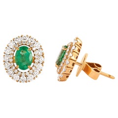 18 Karat Gold 2.79 Carat Diamond and Emerald Solitaire Stud Earrings