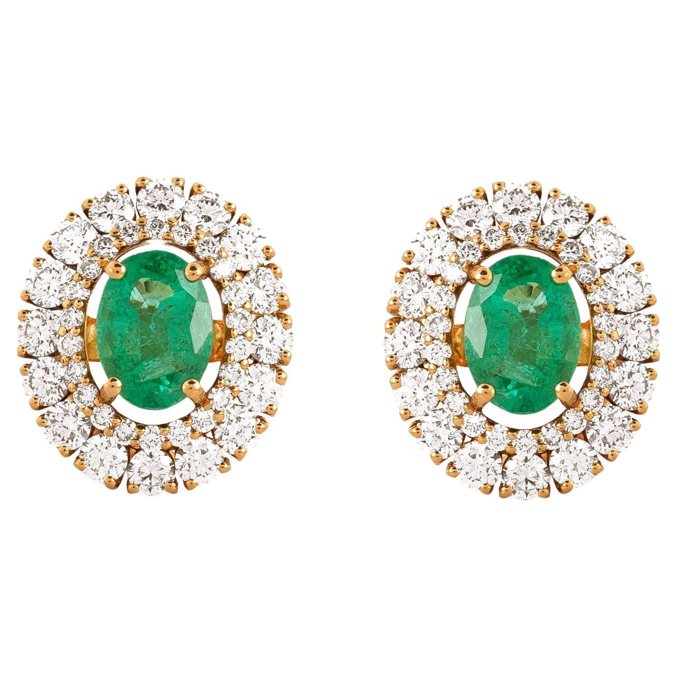 18 Karat Gold 2.79 Carat Diamond and Emerald Solitaire Stud Earrings