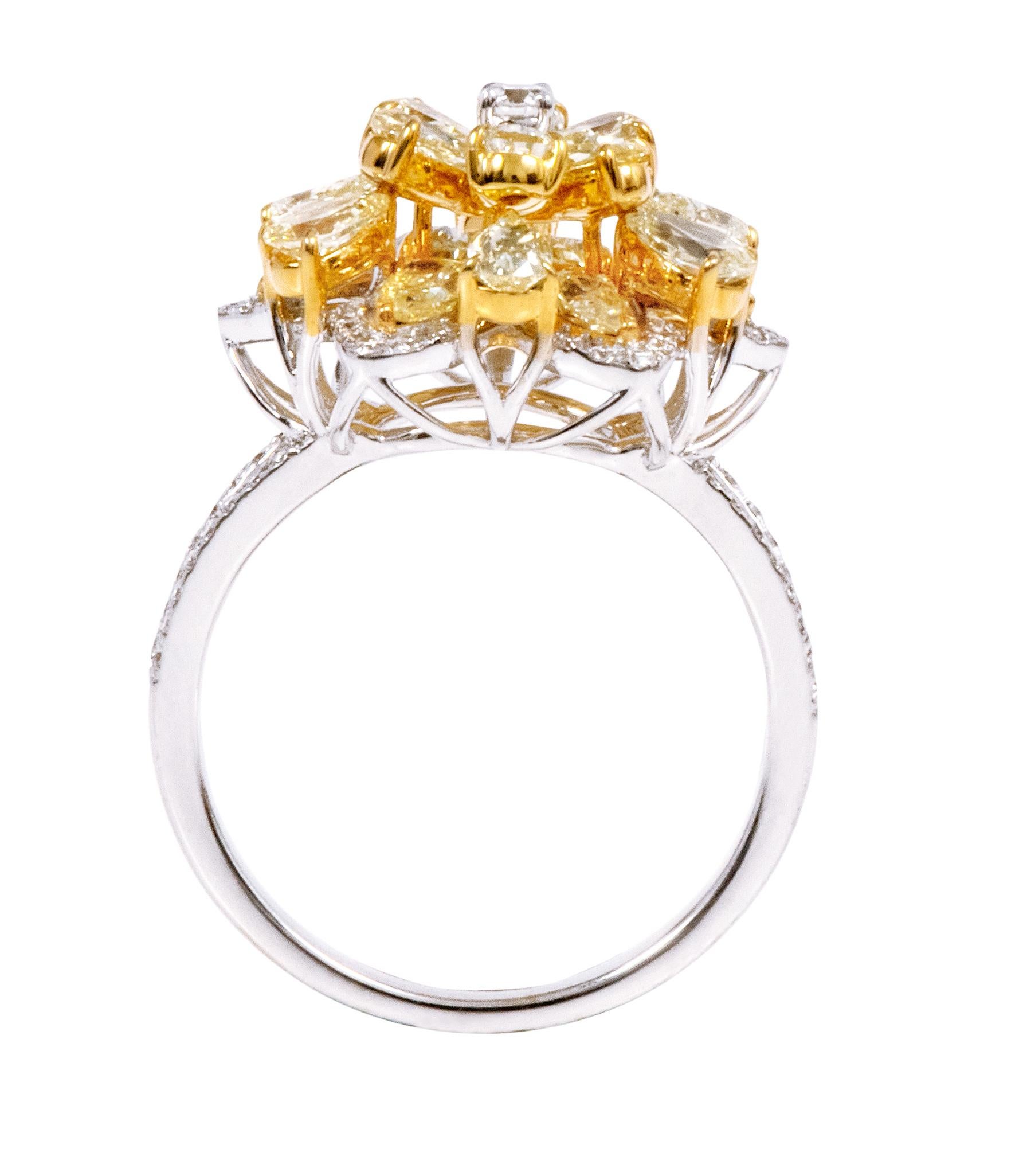 Pear Cut 18 Karat Gold 2.79 Carat Yellow and White Diamond Cocktail Ring For Sale