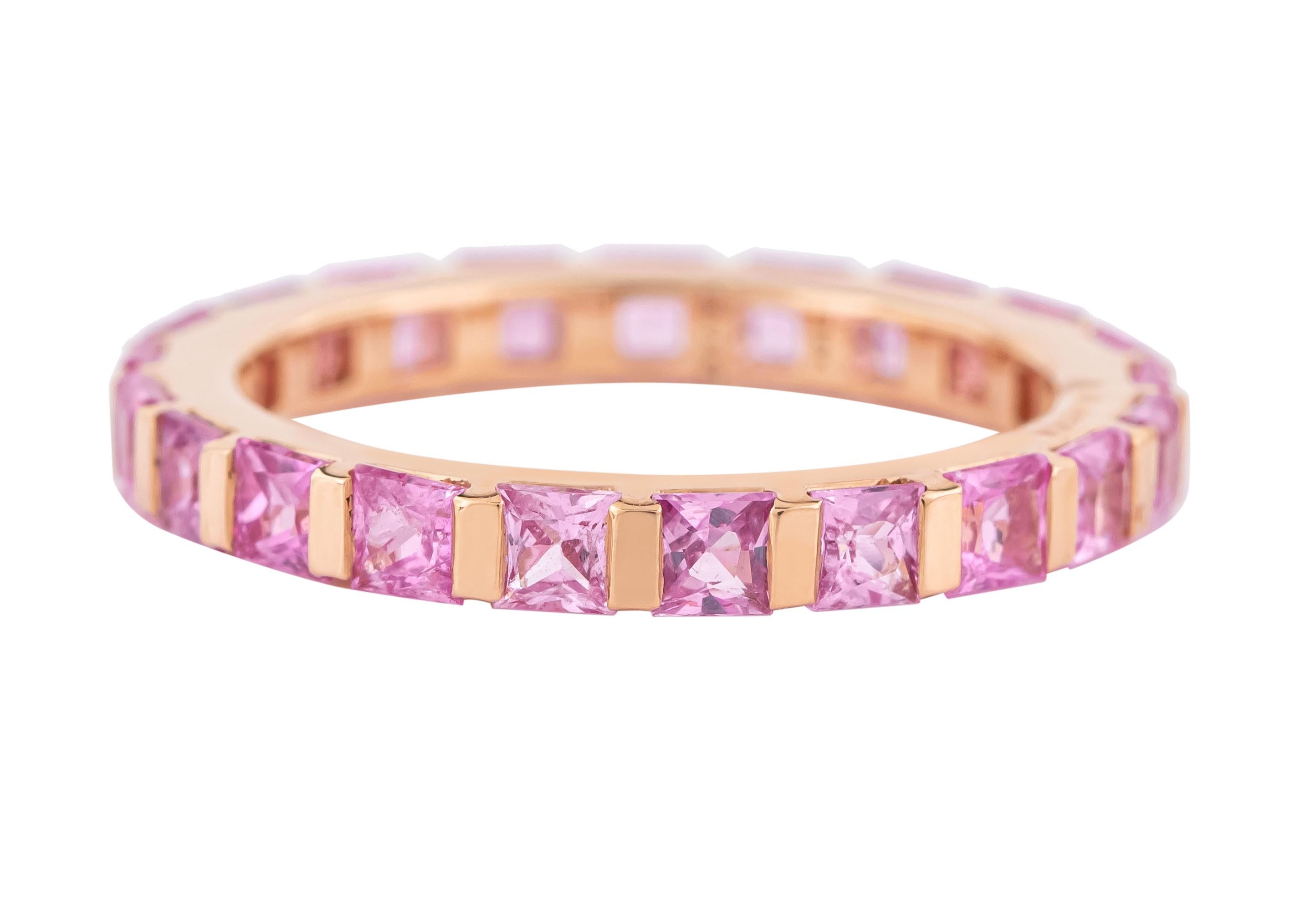 Princess Cut 18 Karat Gold 2.82 Carat Pink Sapphire Eternity Ring For Sale