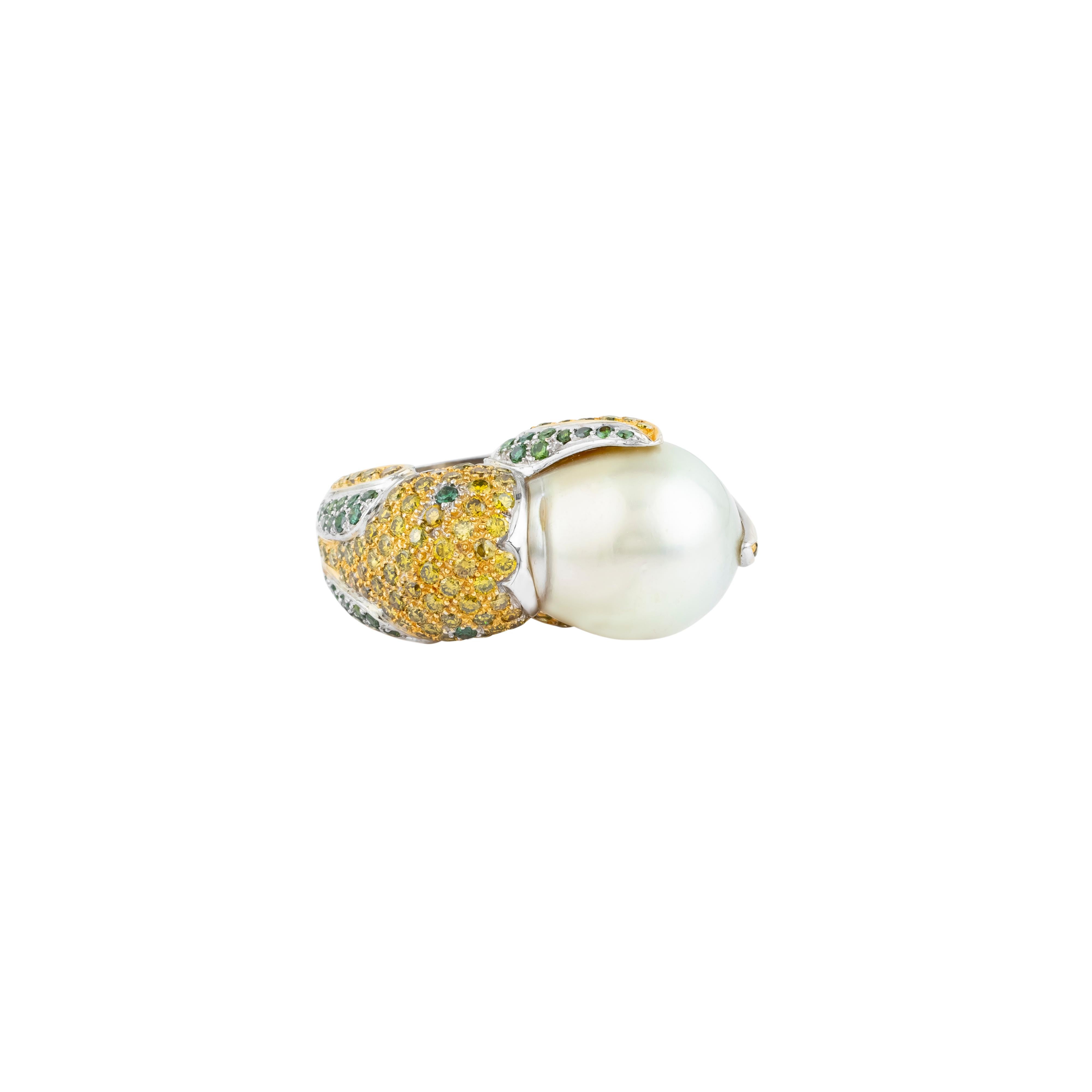 Exquisitely crafted to evoke timeless elegance, the 18 Karat Gold 28.72 Carat Pearl and Diamond Cocktail Ring is a masterpiece of design and luxury. Meticulously handcrafted, this piece combines opulence with a refined aesthetic, showcasing the