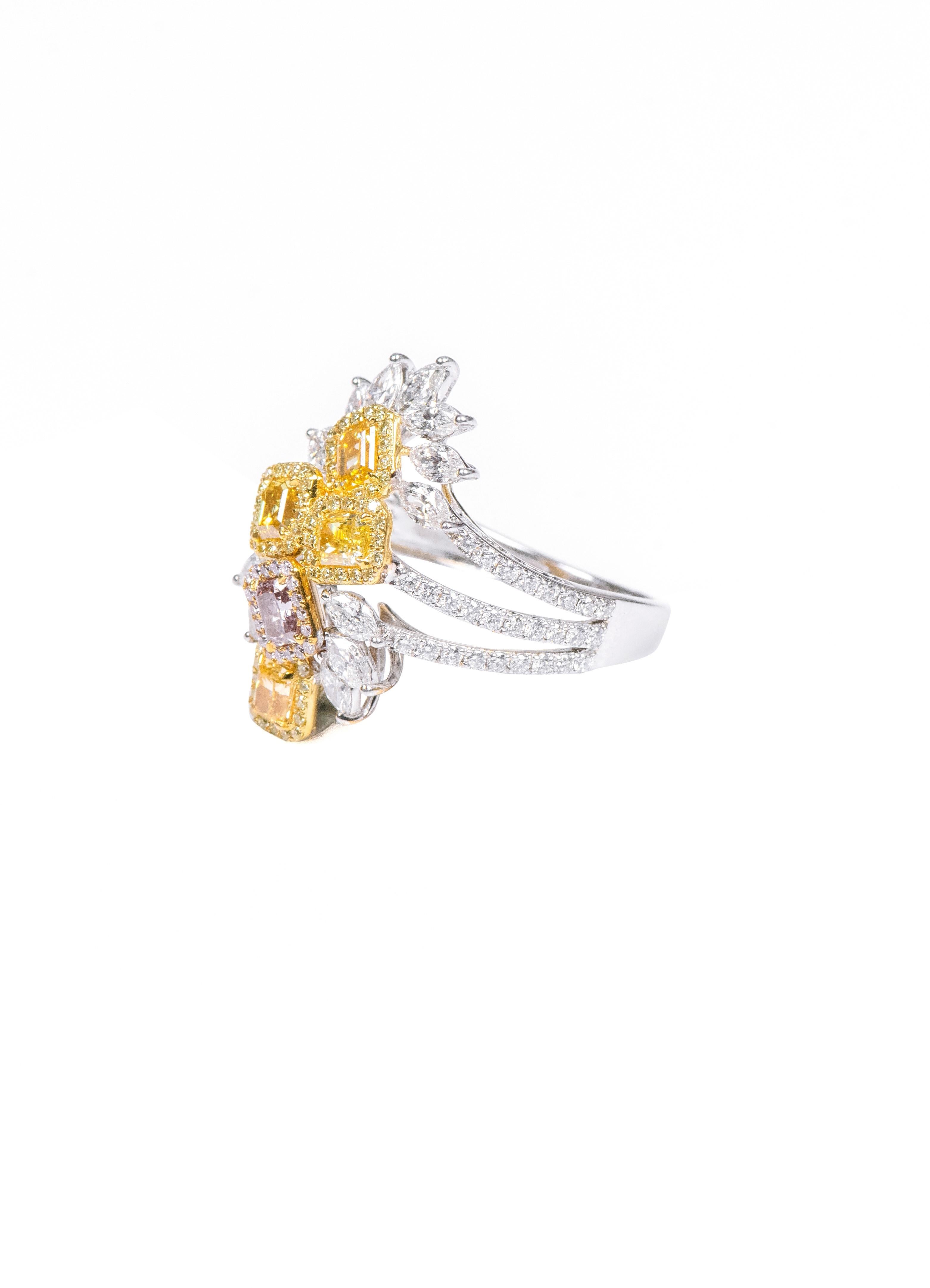 Step into a world of timeless elegance with our 18 Karat Gold 2.88 Carat Fancy Yellow Diamond and Diamond Cocktail Ring. Each piece is a unique testament to unparalleled craftsmanship, meticulously curated to capture the essence of sophistication
