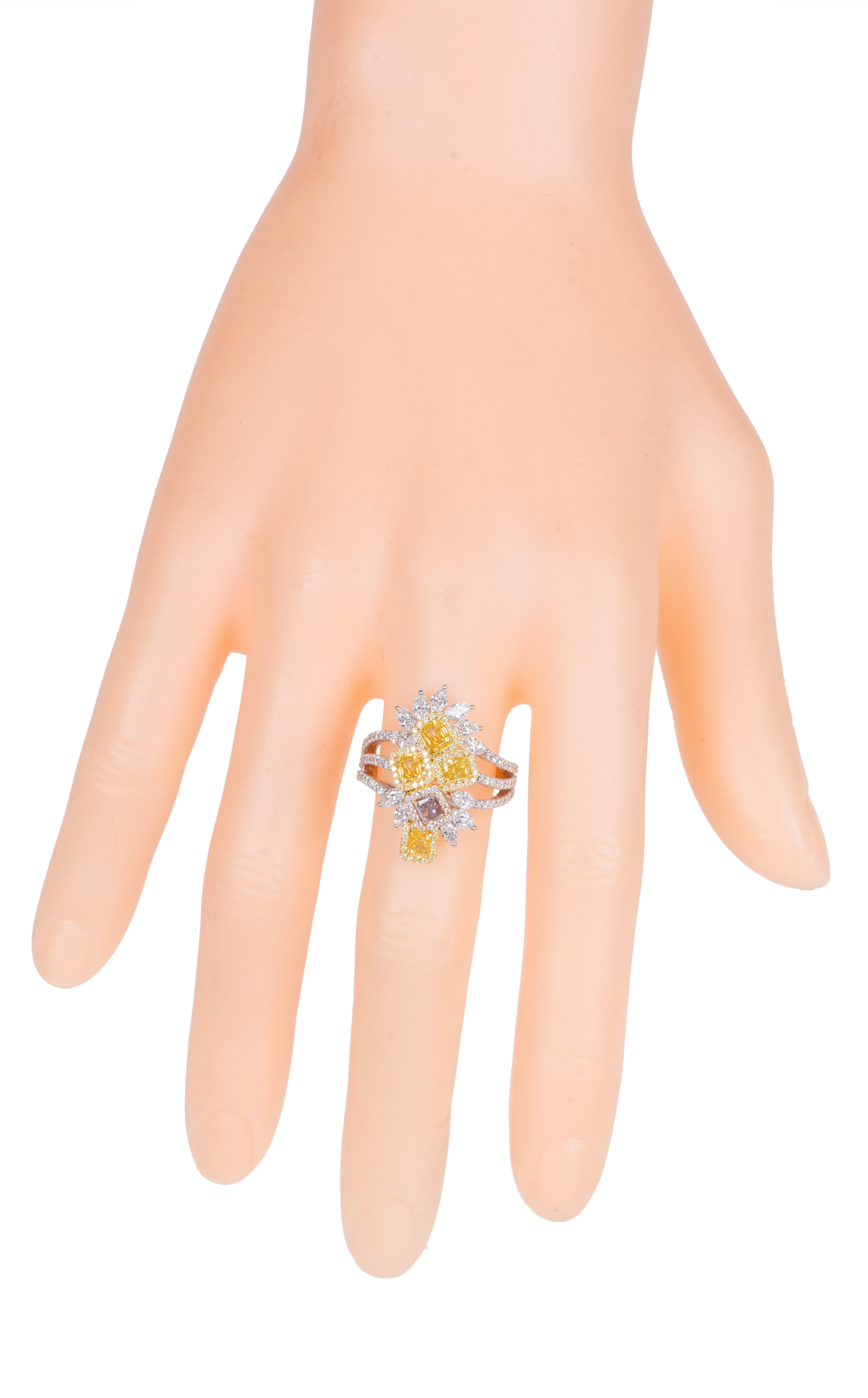 Cushion Cut 18 Karat Gold 2.88 Carat Multi-Colored Diamond and Diamond Solitaire Ring  For Sale