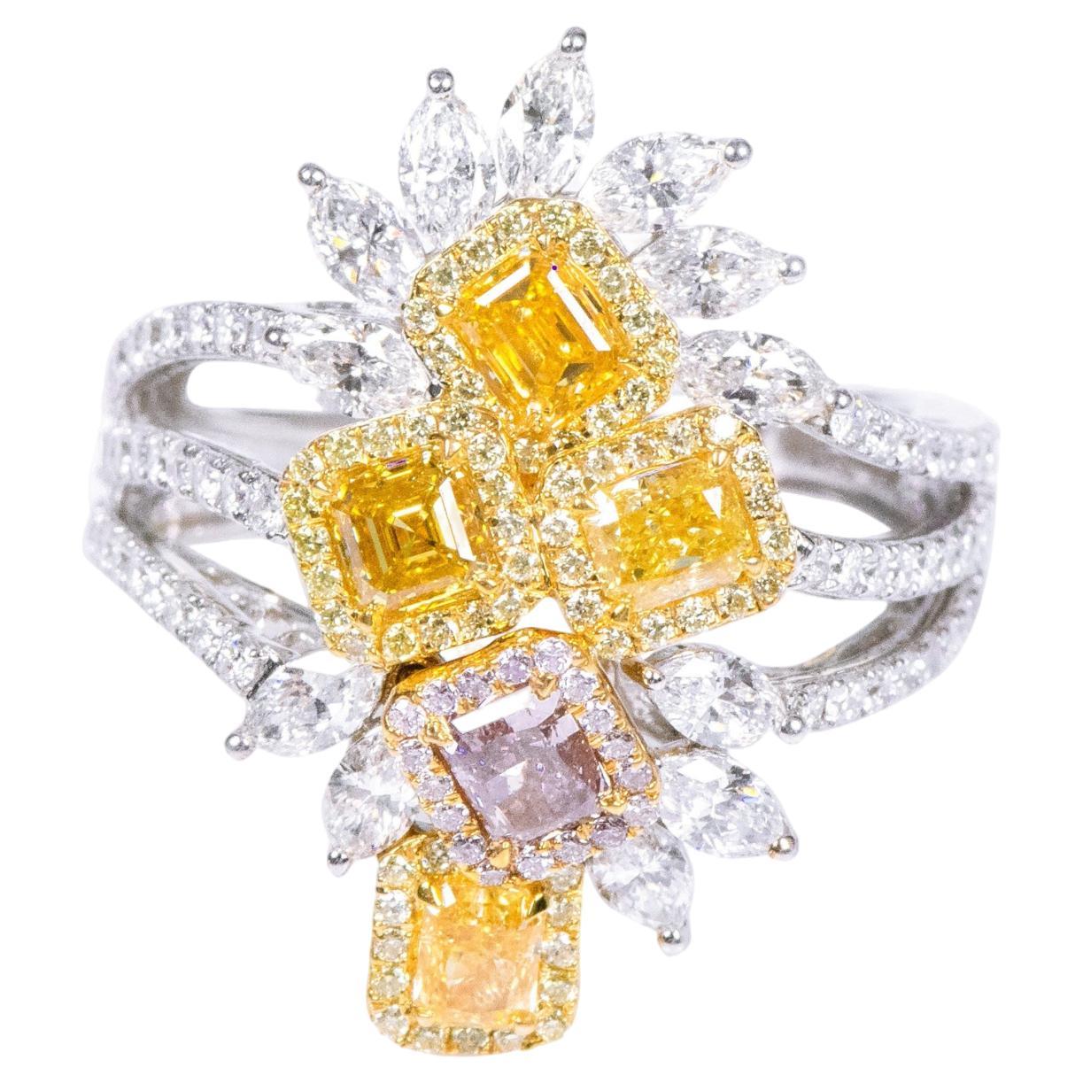 18 Karat Gold 2.88 Carat Multi-Colored Diamond and Diamond Solitaire Ring  For Sale