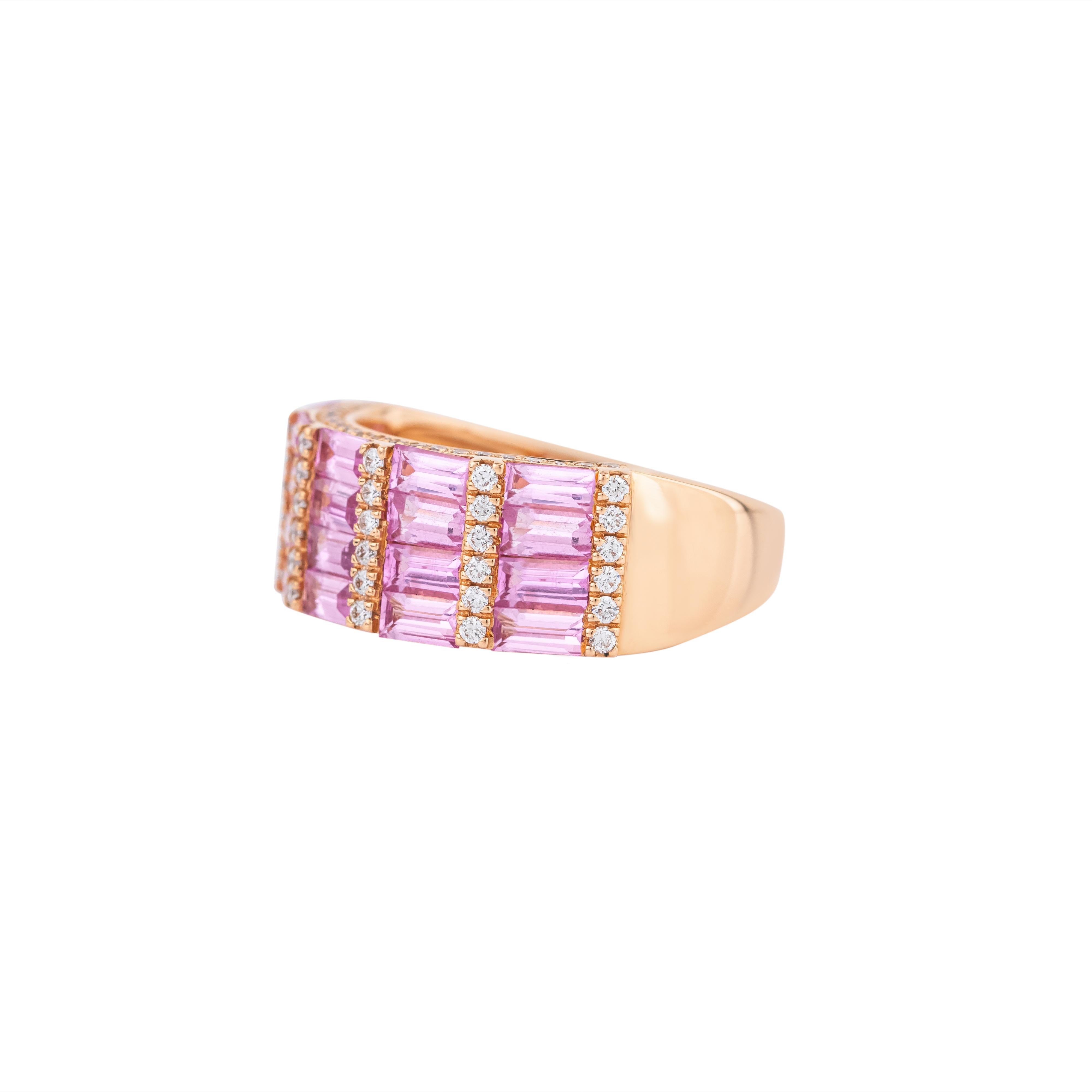 Baguette Cut 18 Karat Gold 2.91 Carat Diamond and Pink Sapphire Half Band Ring For Sale