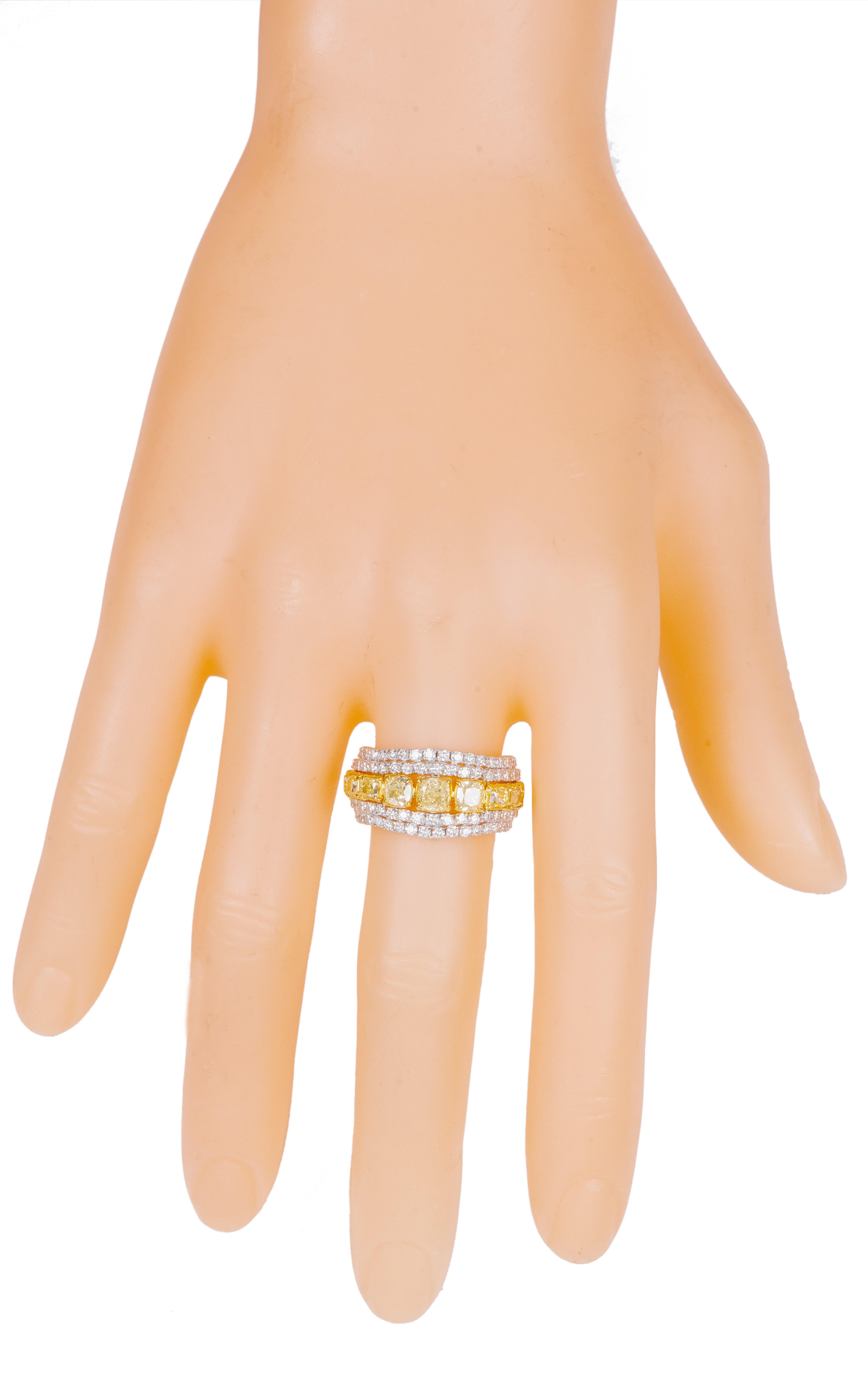 Cushion Cut 18 Karat Gold 2.91 Carat Fancy Yellow Diamond and Diamond Fashion Ring For Sale