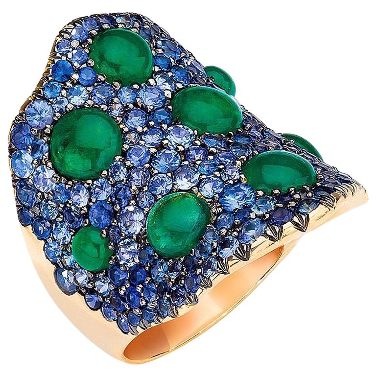 18 Karat Gold 2.99 Carat Cabochon Emerald and 3.81 Carat Blue Sapphire Wave Ring For Sale