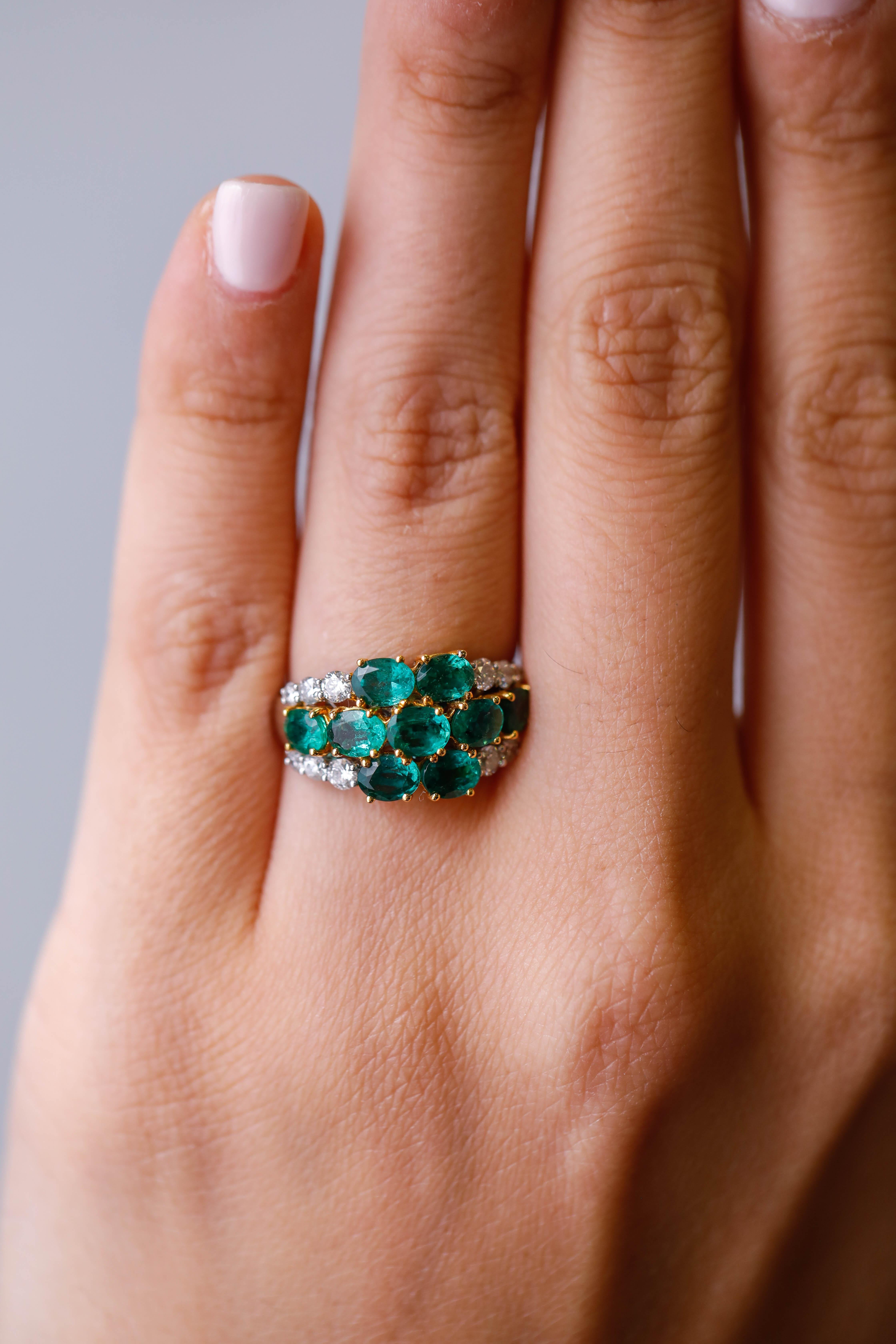 Oval Cut 2.99 ct Oval Emerald and 0.57 ct Diamond Accent Floral Ring in 18k Two-Tone Gold
