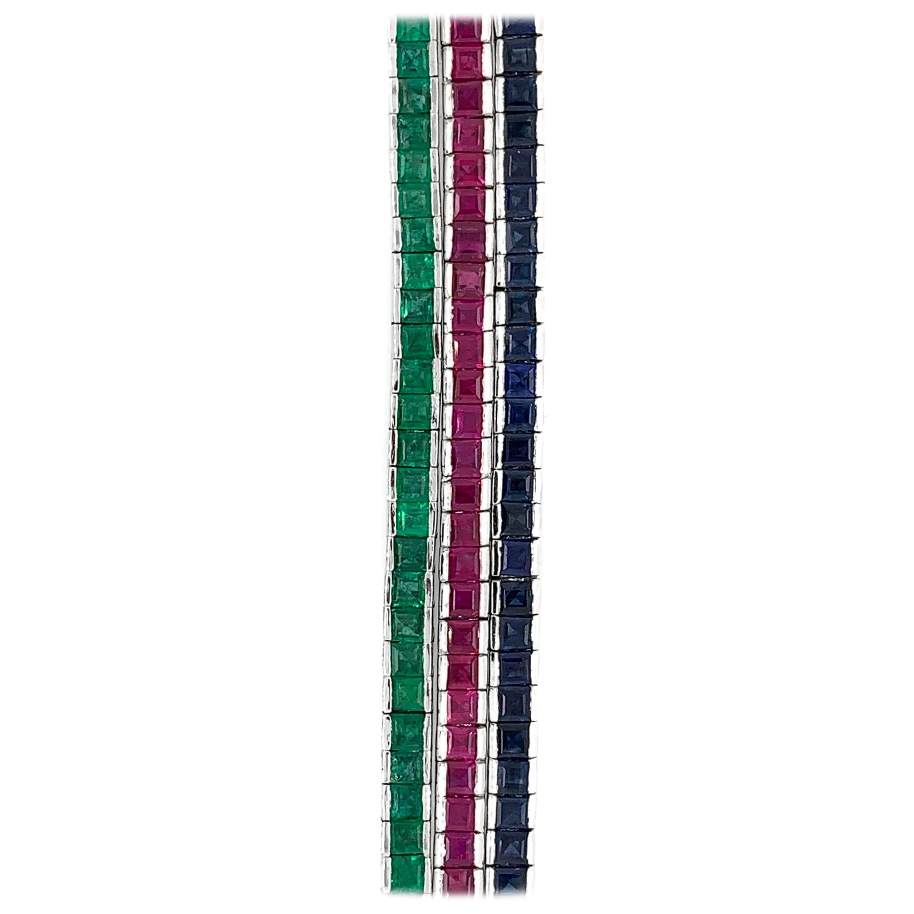 18 Karat Gold 3 Straight Line Emerald, Ruby and Sapphire Square Cut Bracelets For Sale