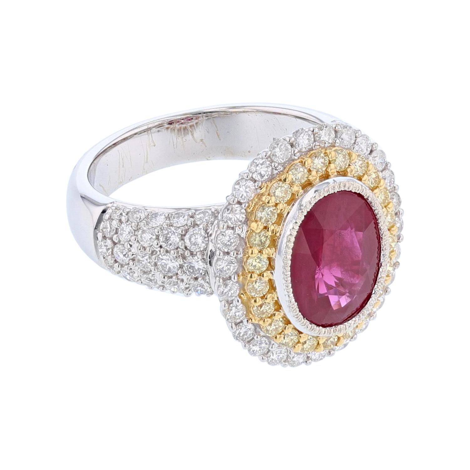 This ring is made in 18k white and yellow gold and features a 3.02ct Oval Shape Natural Burmese Corundum Ruby with a GIA certificate. The certificate number is 