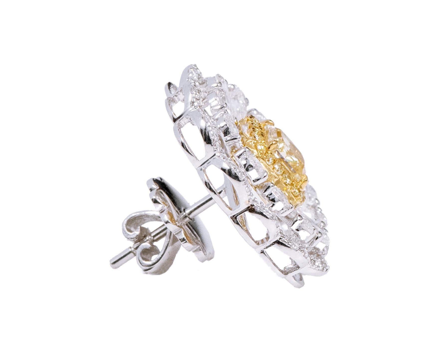 Radiant Cut 18 Karat Gold 3.05 Carat Fancy Yellow and White Diamond Solitaire Earrings For Sale