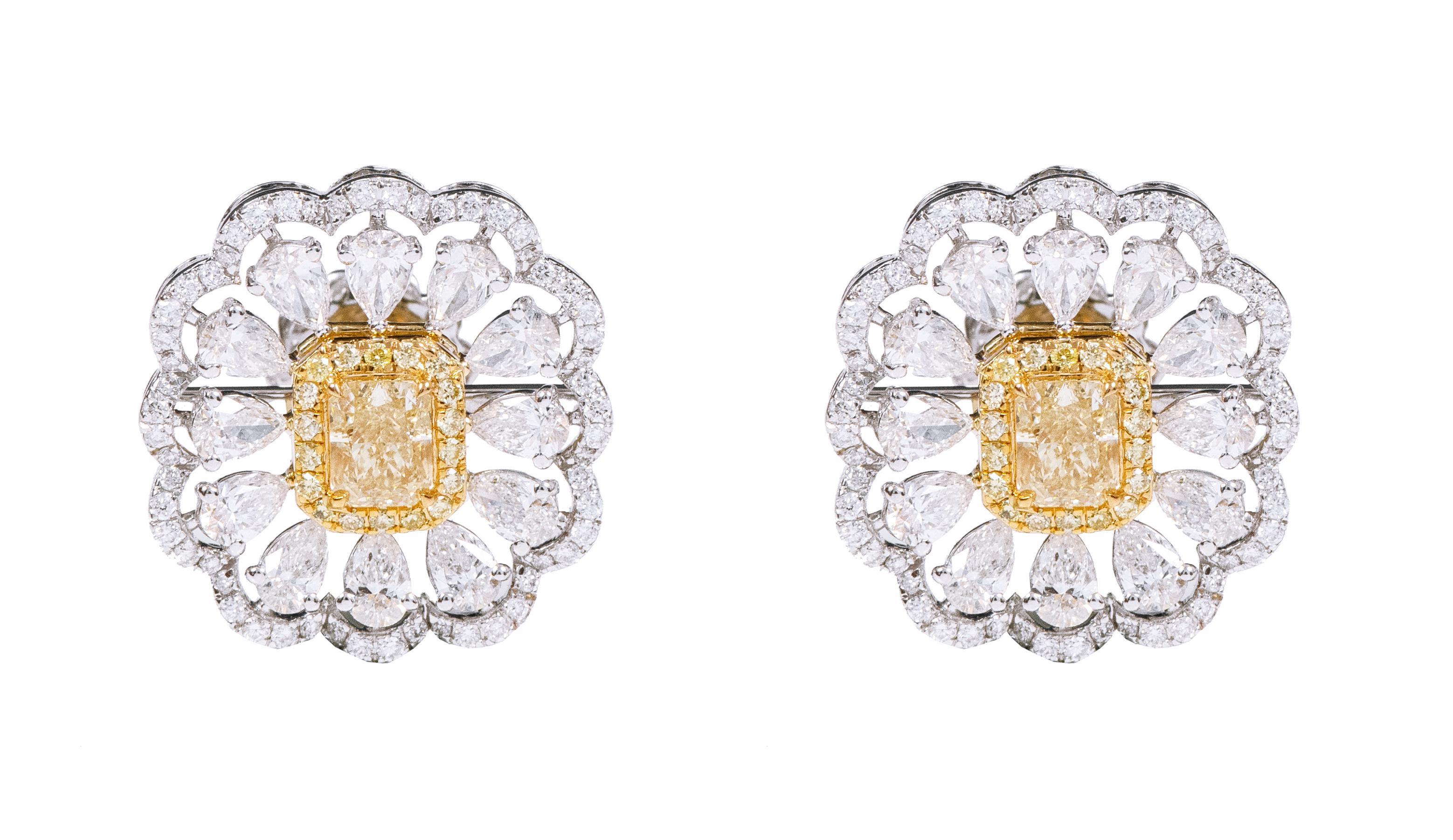 Women's 18 Karat Gold 3.05 Carat Fancy Yellow and White Diamond Solitaire Earrings For Sale