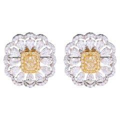 18 Karat Gold 3.05 Carat Fancy Yellow and White Diamond Solitaire Earrings