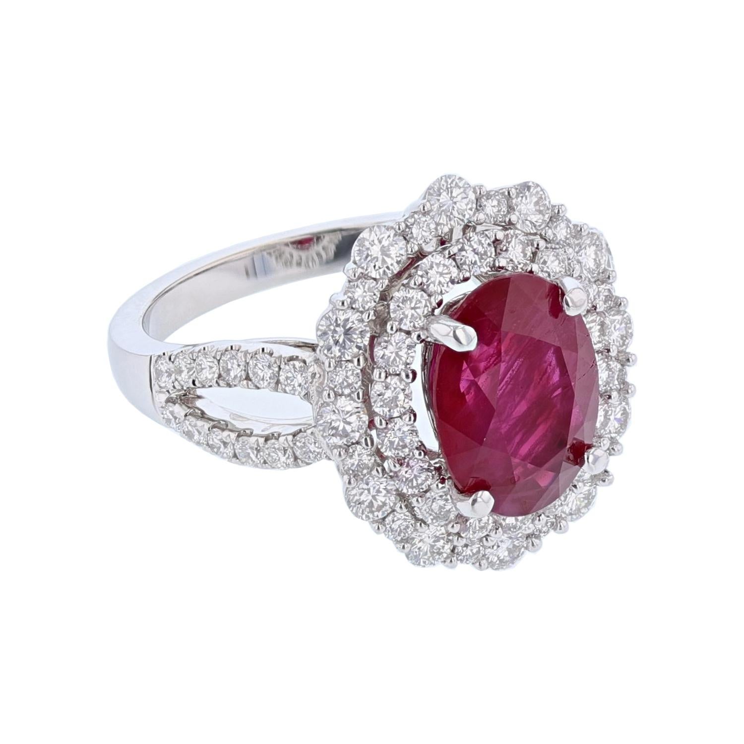 This ring is made in 18k white gold and features a 3.06ct Oval Shape Natural Corundum Burmese Ruby with a GIA certificate. The certificate number is 