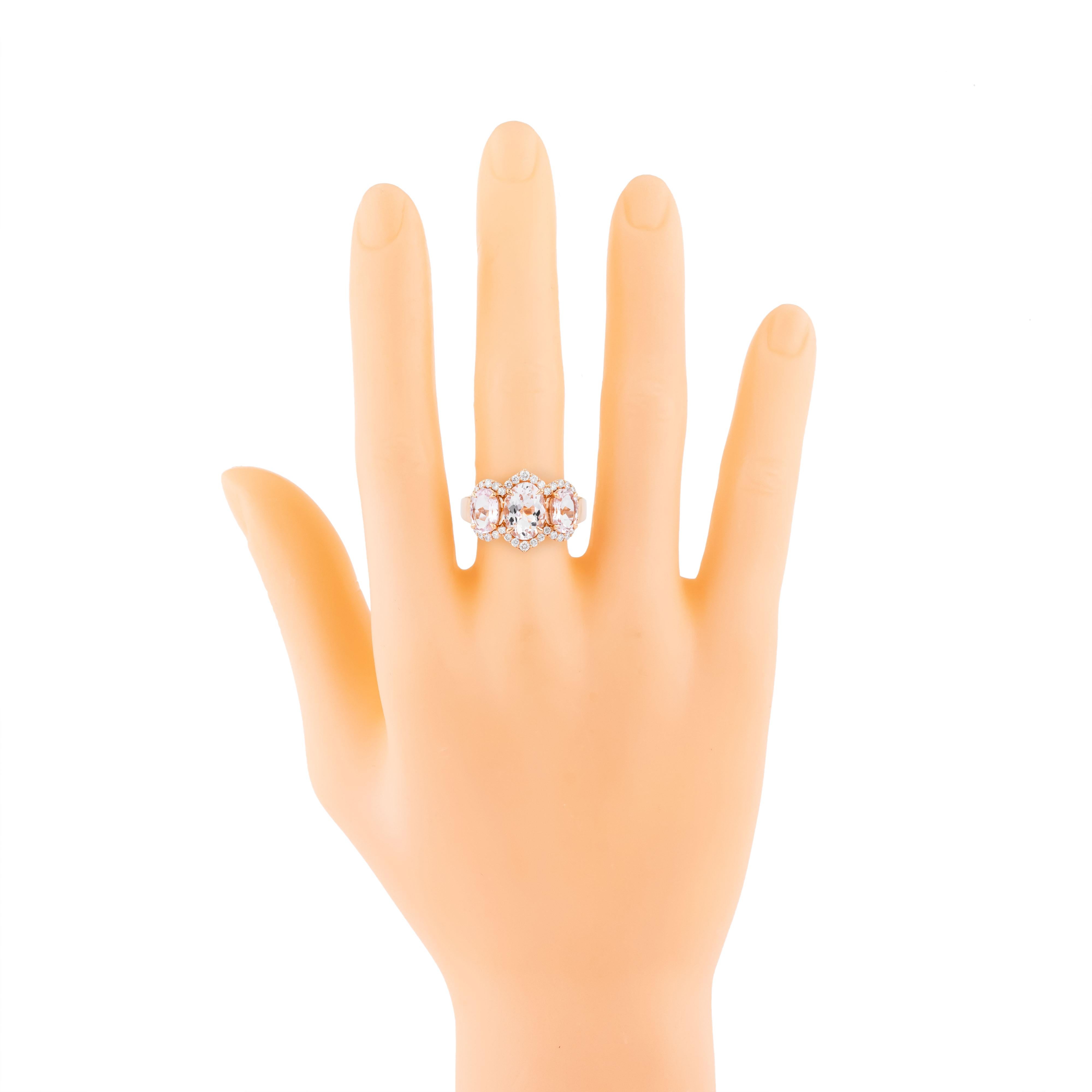 Women's 18 Karat Gold 3.08 Carat Diamond and Morganite Three Stone Ring For Sale