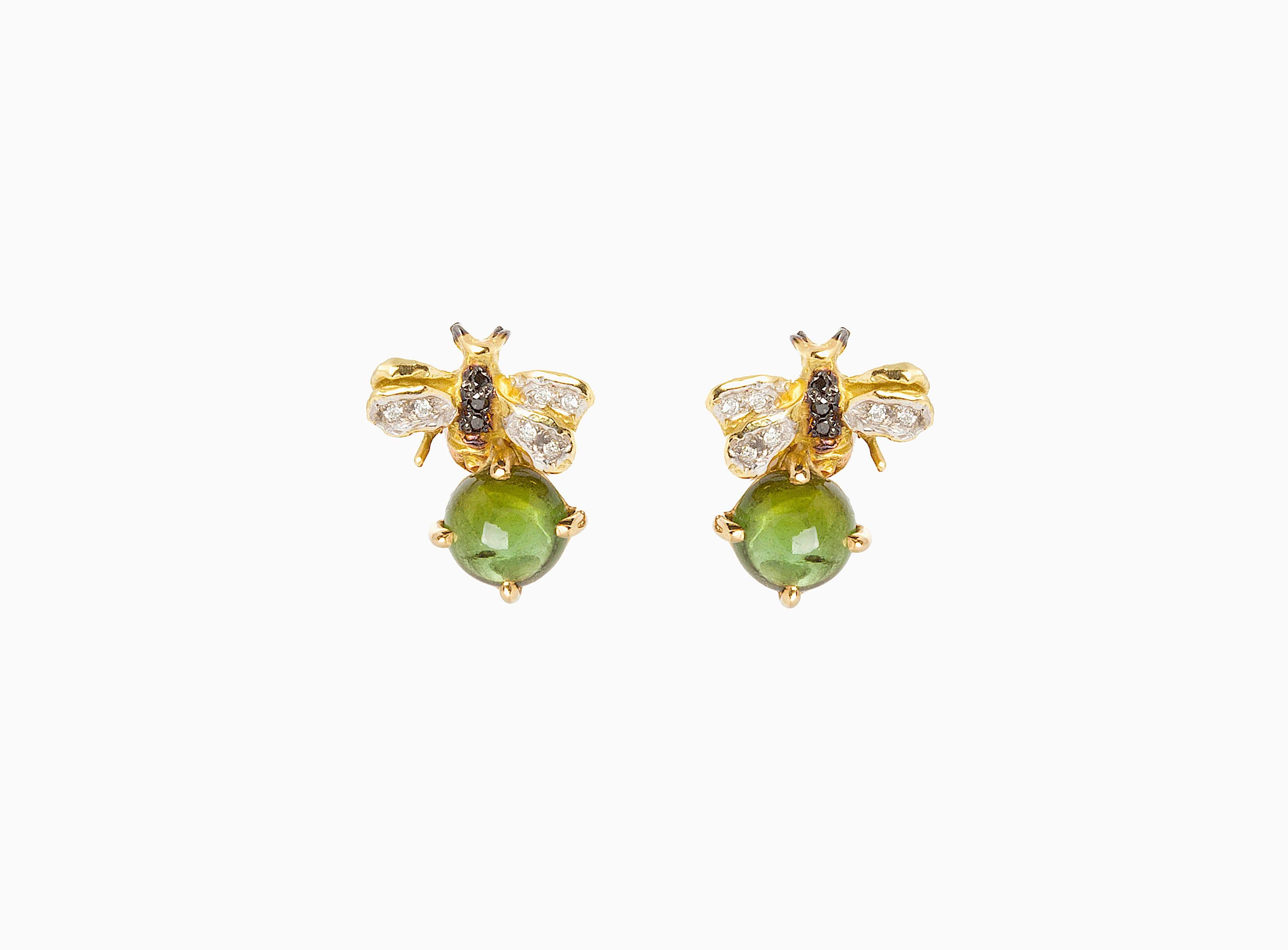 18 Karat Gold 3.20 Karat Tourmaline 0.10 Karat Diamonds Bees Stud Earrings In New Condition In Rome, IT