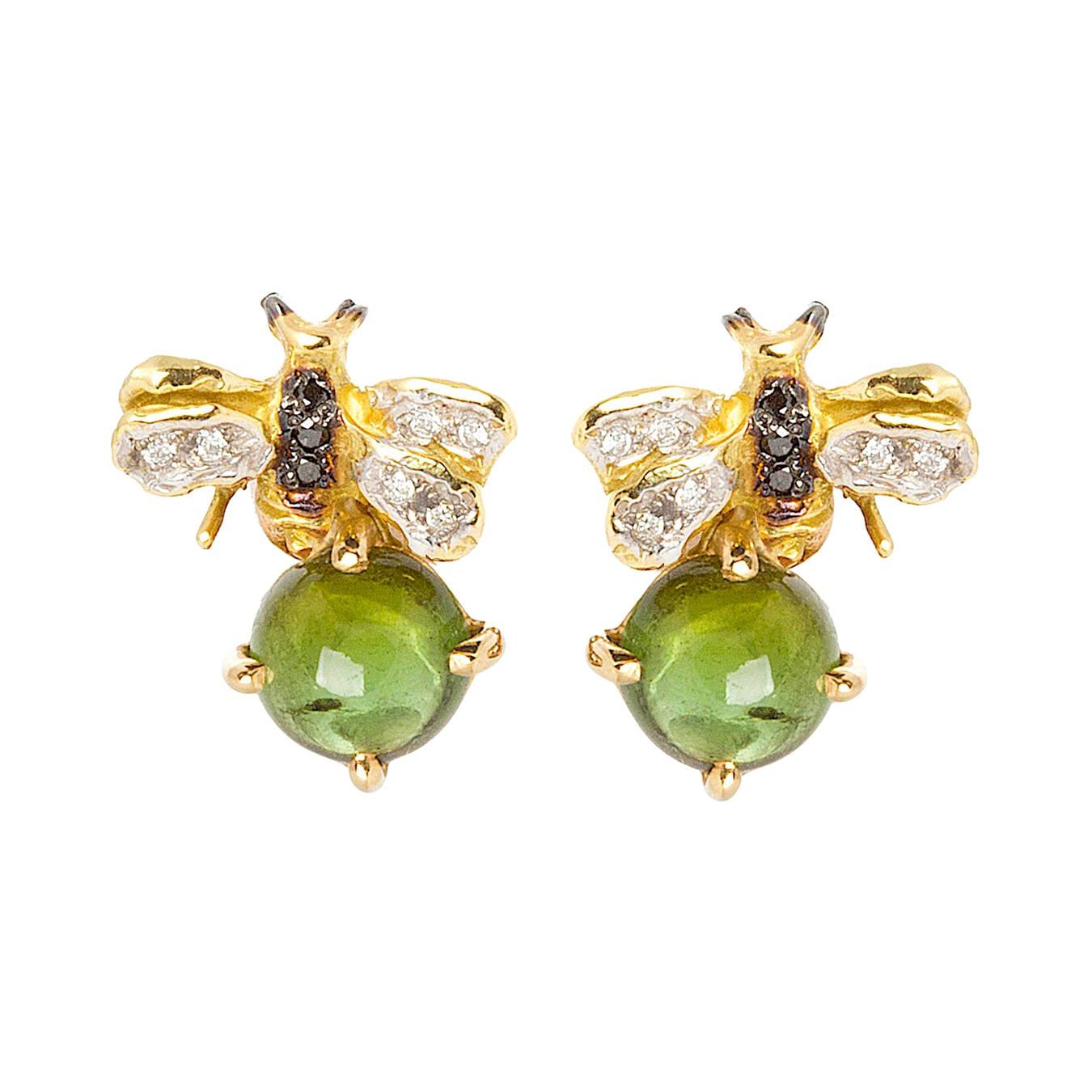 18 Karat Gold 3.20 Karat Tourmaline 0.10 Karat Diamonds Bees Stud Earrings