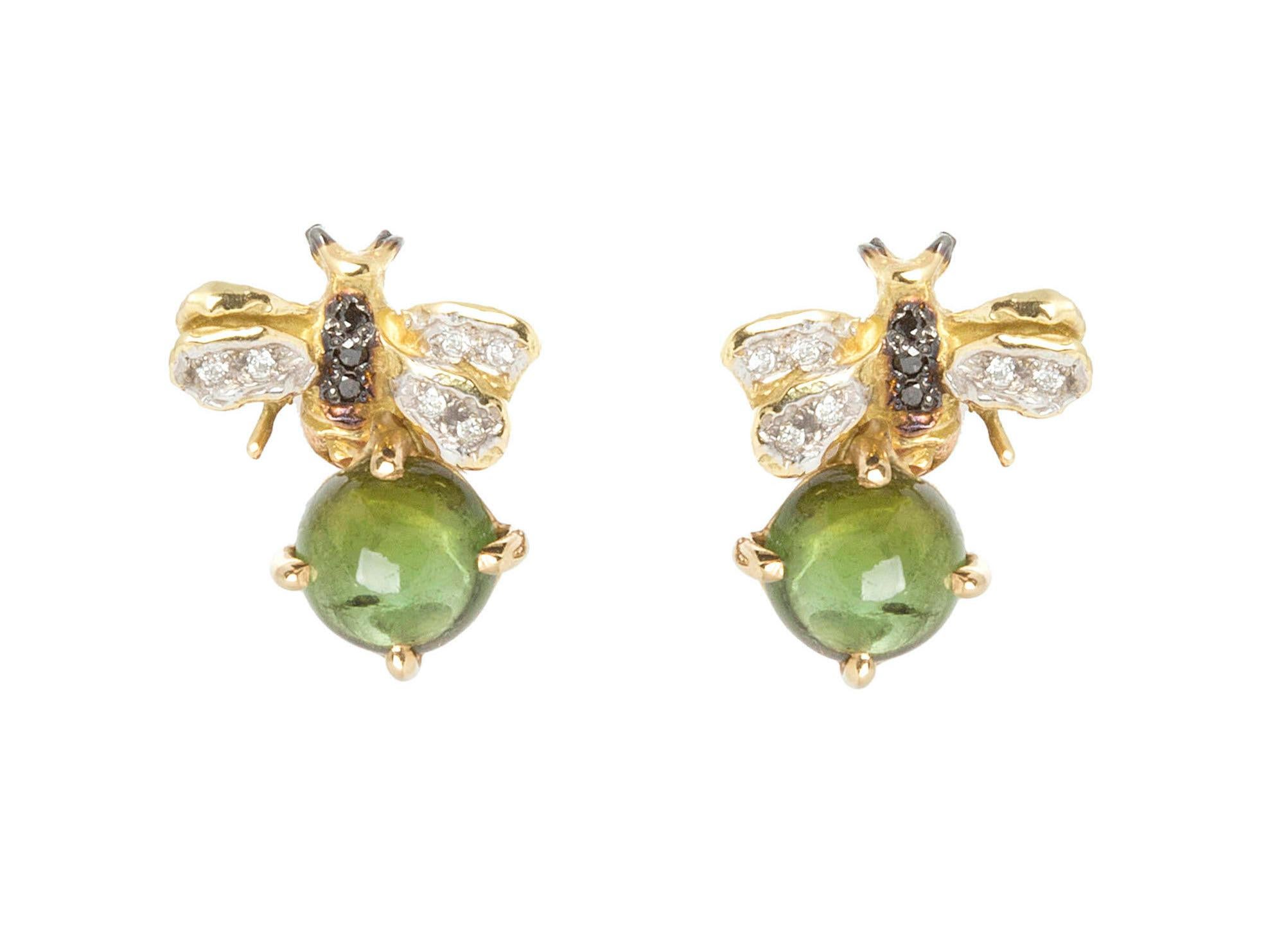 Artisan Bees 18 Karat Gold 3.20 Karat Tourmaline 0.16 Karat Diamonds Stud Earrings For Sale