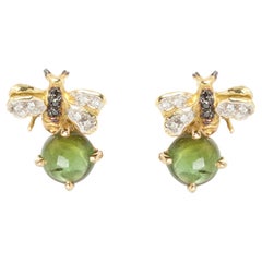 Clous d'oreilles en or 18 carats, tourmaline de 3,20 carats et diamants 0,16 carat en forme d'abeilles