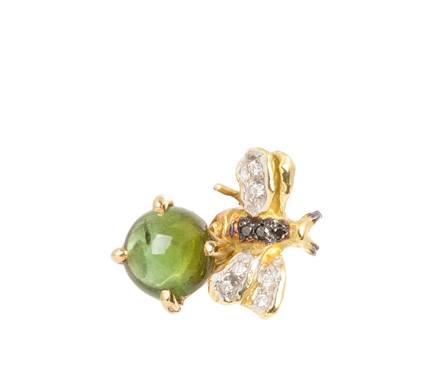 Clous d'oreilles en or 18 carats avec tourmaline de 3,20 carats et diamants en forme d'abeilles de 0,10 carat en vente 2