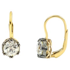 18 Karat Gold 3.22 Carat Old European Cut Diamond Solitaire Drop Earrings