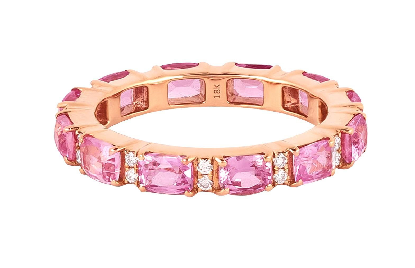 Cushion Cut 18 Karat Gold 3.23 Carat Diamond and Pink Sapphire Infinity Cocktail Ring For Sale