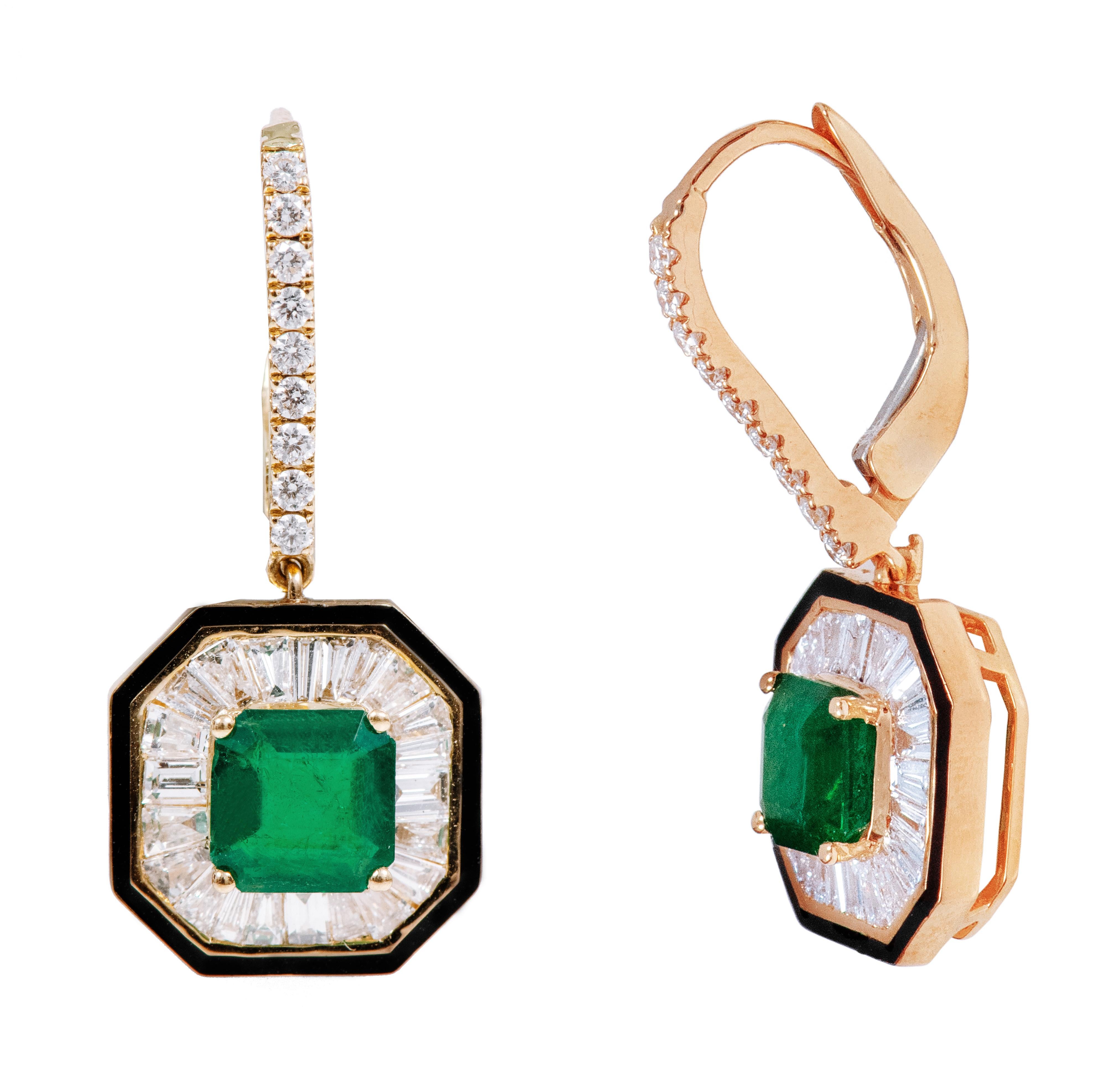 Modern 18 Karat Gold 3.25 Carat Emerald and Diamond Dangle Earrings For Sale