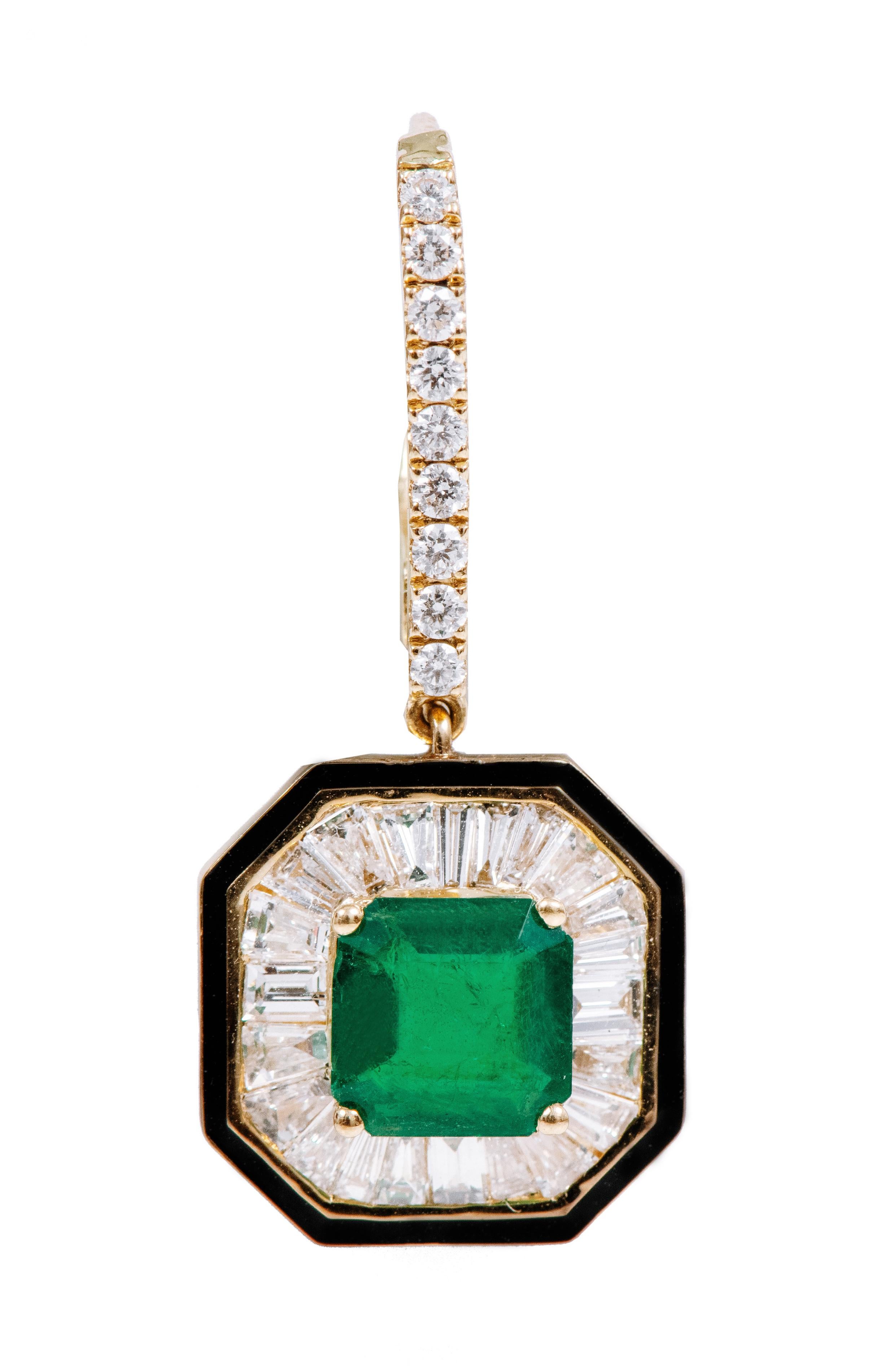 Cushion Cut 18 Karat Gold 3.25 Carat Emerald and Diamond Dangle Earrings For Sale