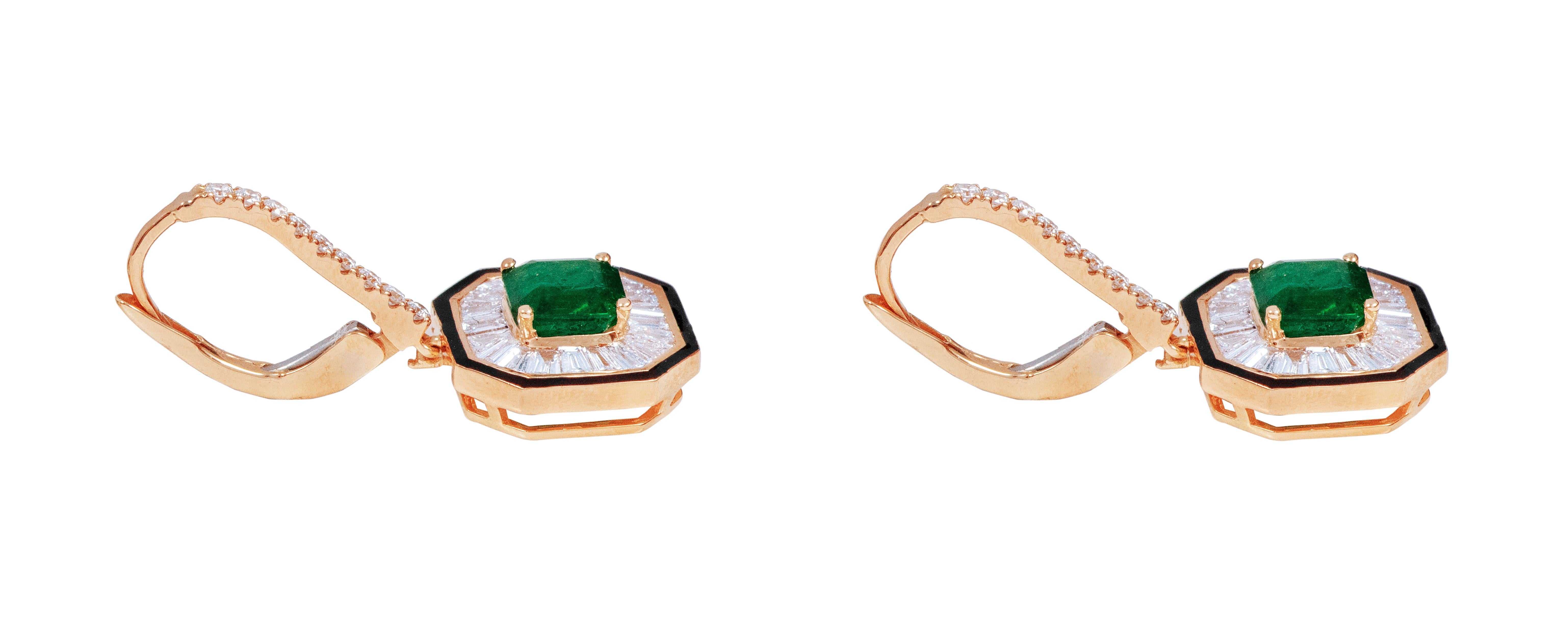 Women's 18 Karat Gold 3.25 Carat Emerald and Diamond Dangle Earrings For Sale
