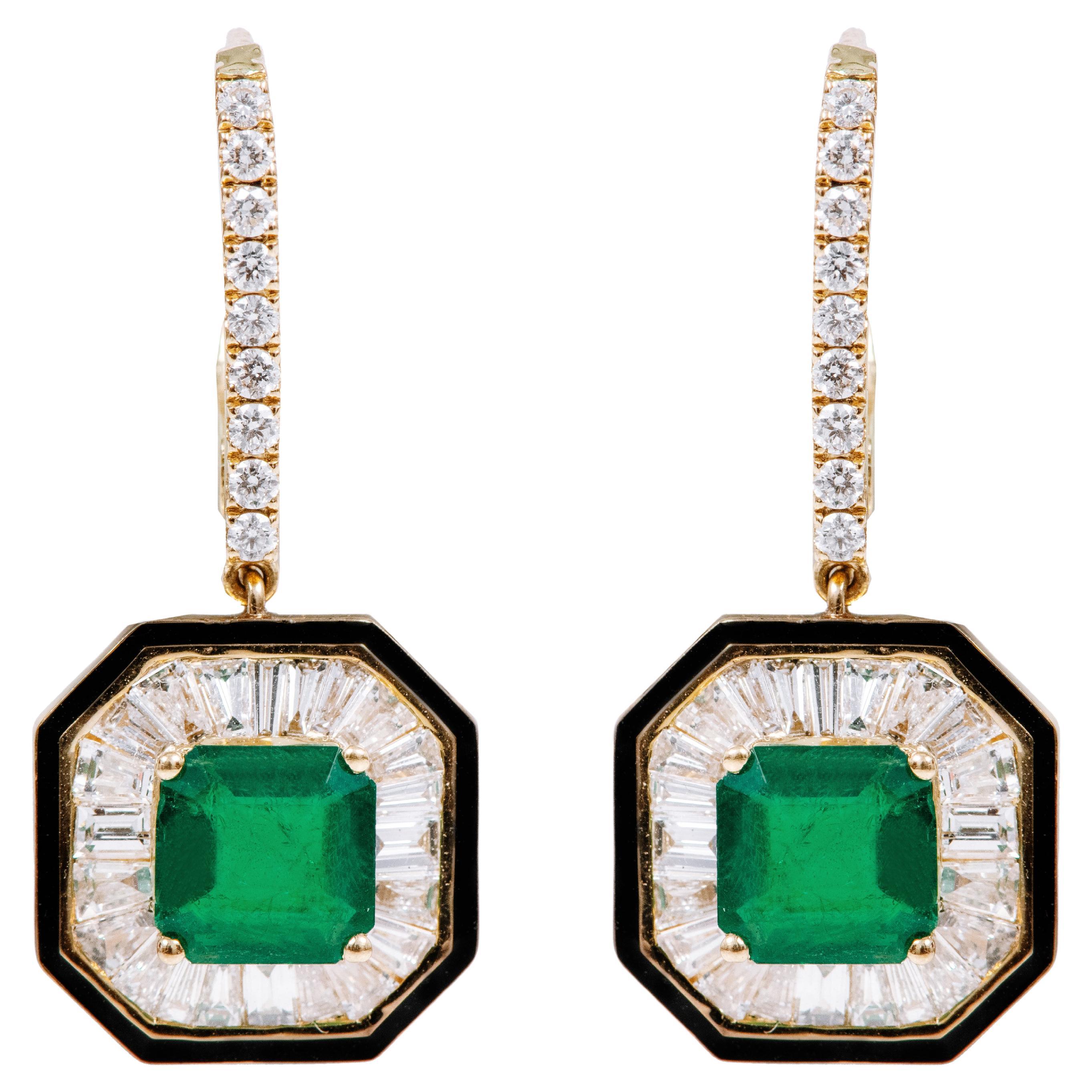 18 Karat Gold 3.25 Carat Emerald and Diamond Dangle Earrings For Sale