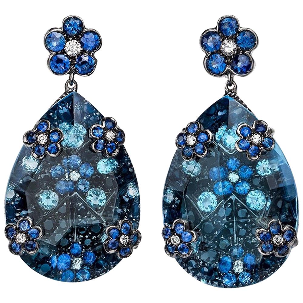 18 Karat Gold 32.80 Carat Oval Blue Topaz Earrings with Sapphires and Aquamarine