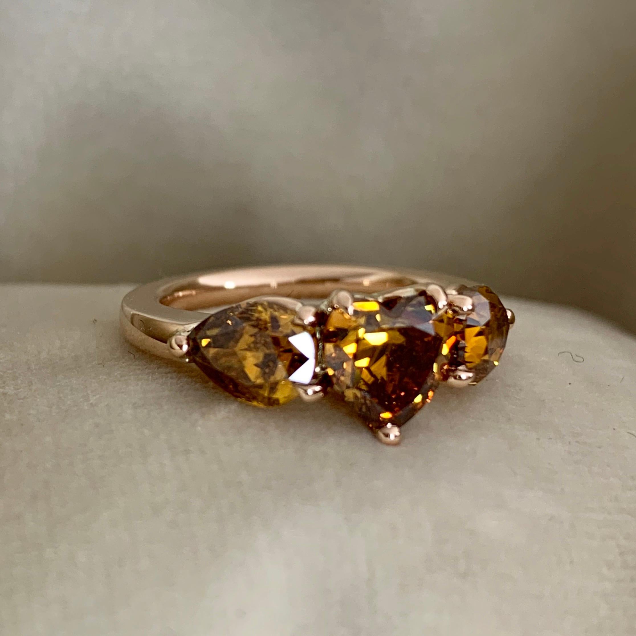 Women's 18 Karat Gold 3.3 Carat Fancy Cognac Heart and Pear Shape Diamond Trilogy Ring For Sale