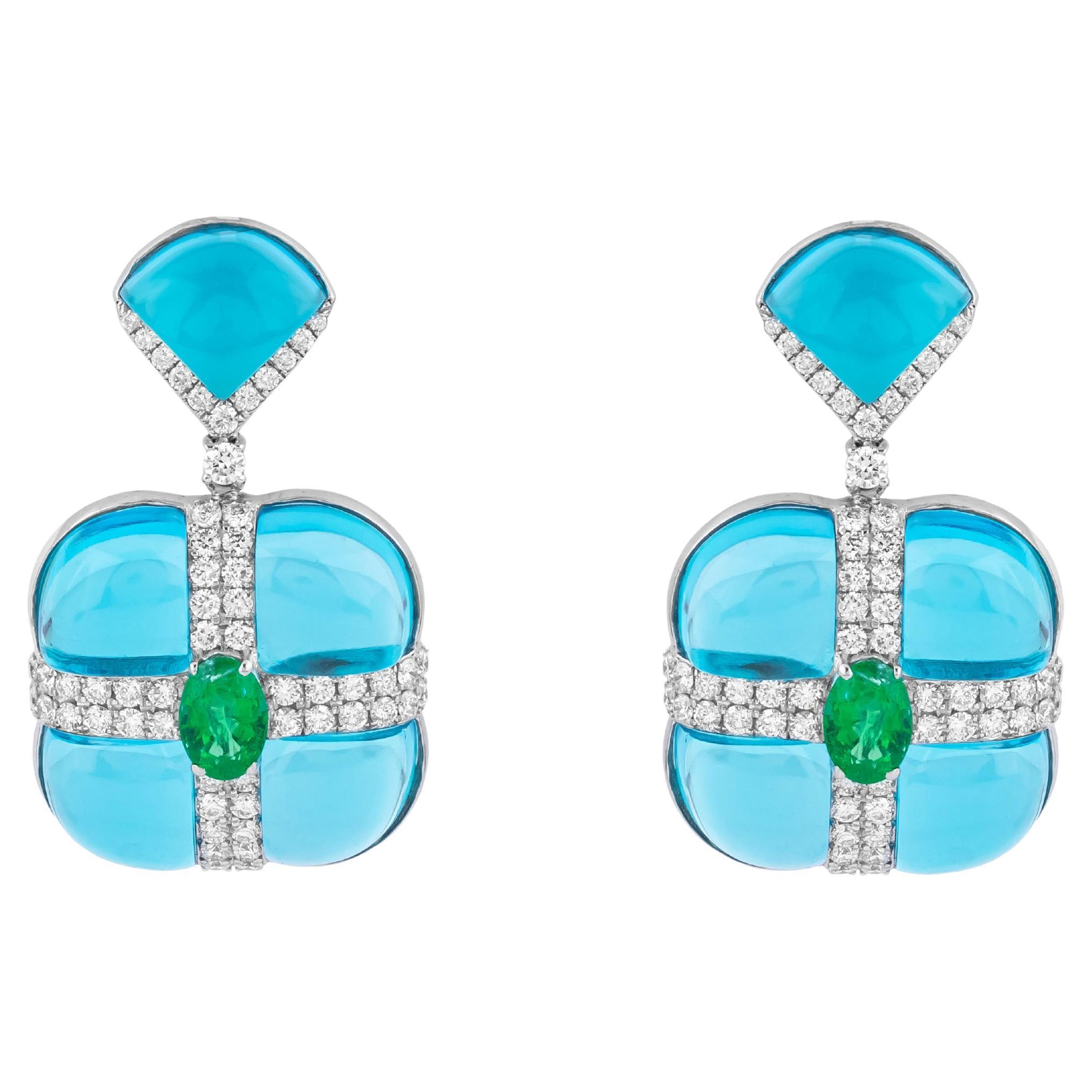 18 Karat Gold 33.9 Carat Diamond, Emerald and Blue Topaz Drop Earrings
