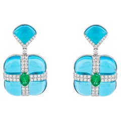 18 Karat Gold 33.9 Carat Diamond, Emerald and Blue Topaz Drop Earrings