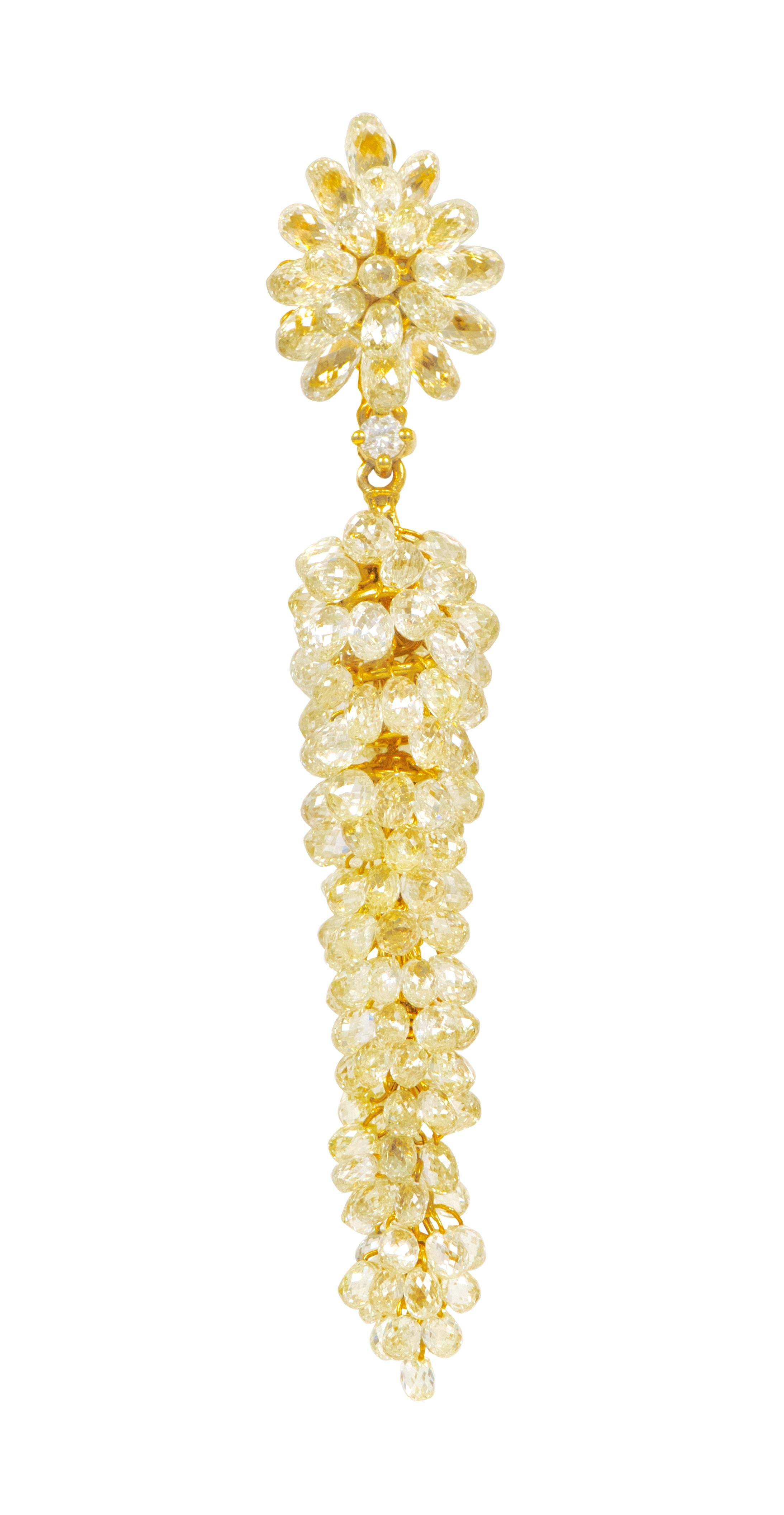 Contemporary 18 Karat Gold 44.62 Carat Fancy Diamond Briolette Drop Earrings For Sale