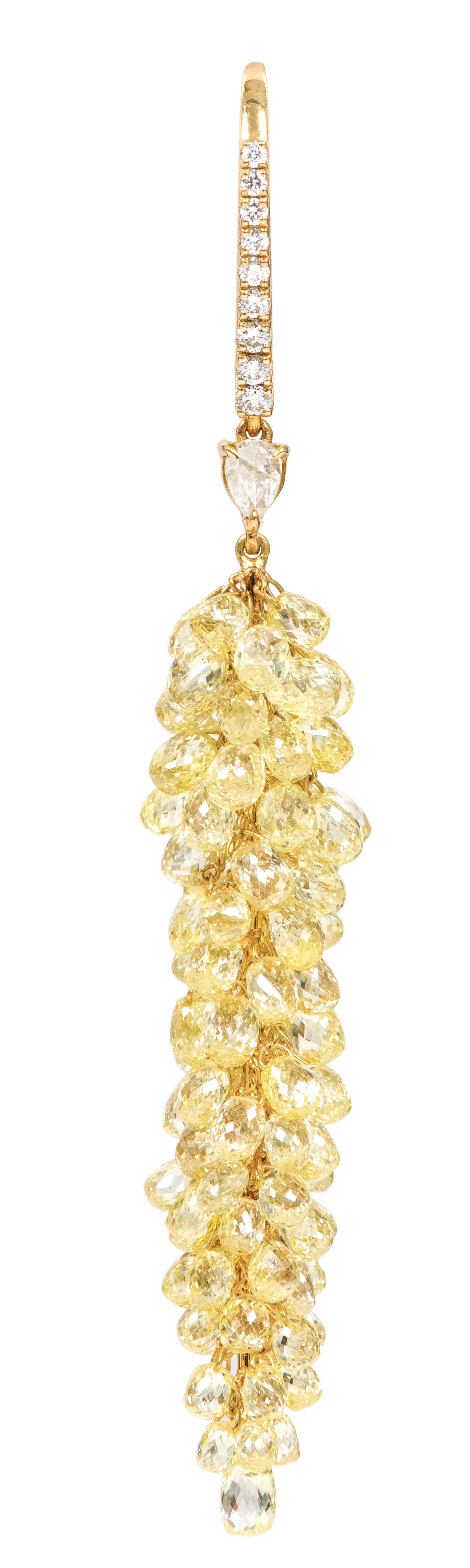 Modern 18 Karat Gold 34.56 Carat Fancy Diamond Briolette Drop Earrings For Sale