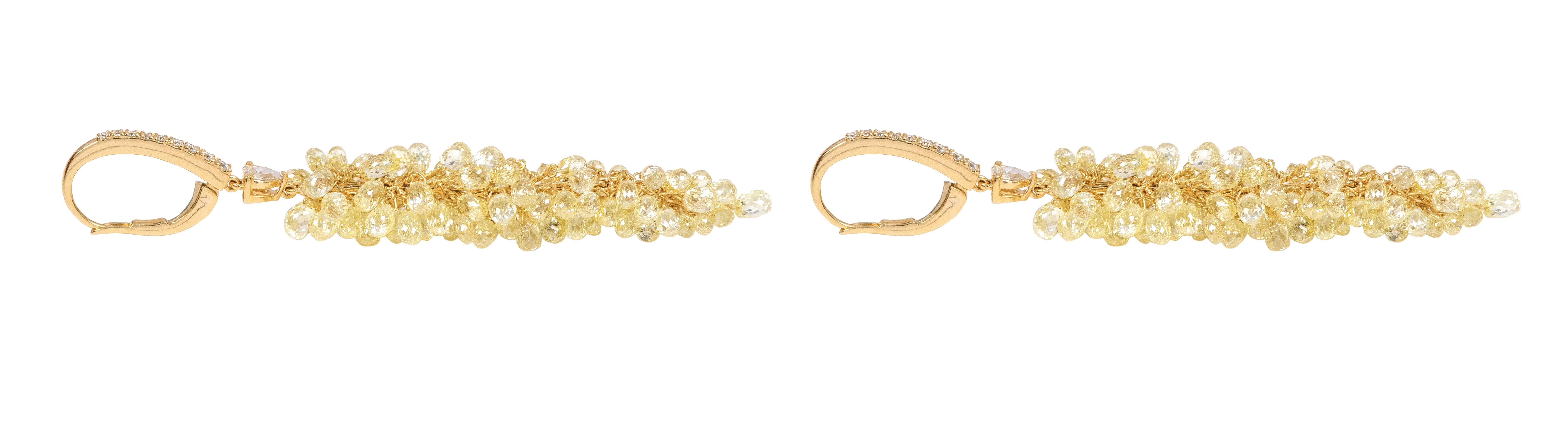 Briolette Cut 18 Karat Gold 34.56 Carat Fancy Diamond Briolette Drop Earrings For Sale