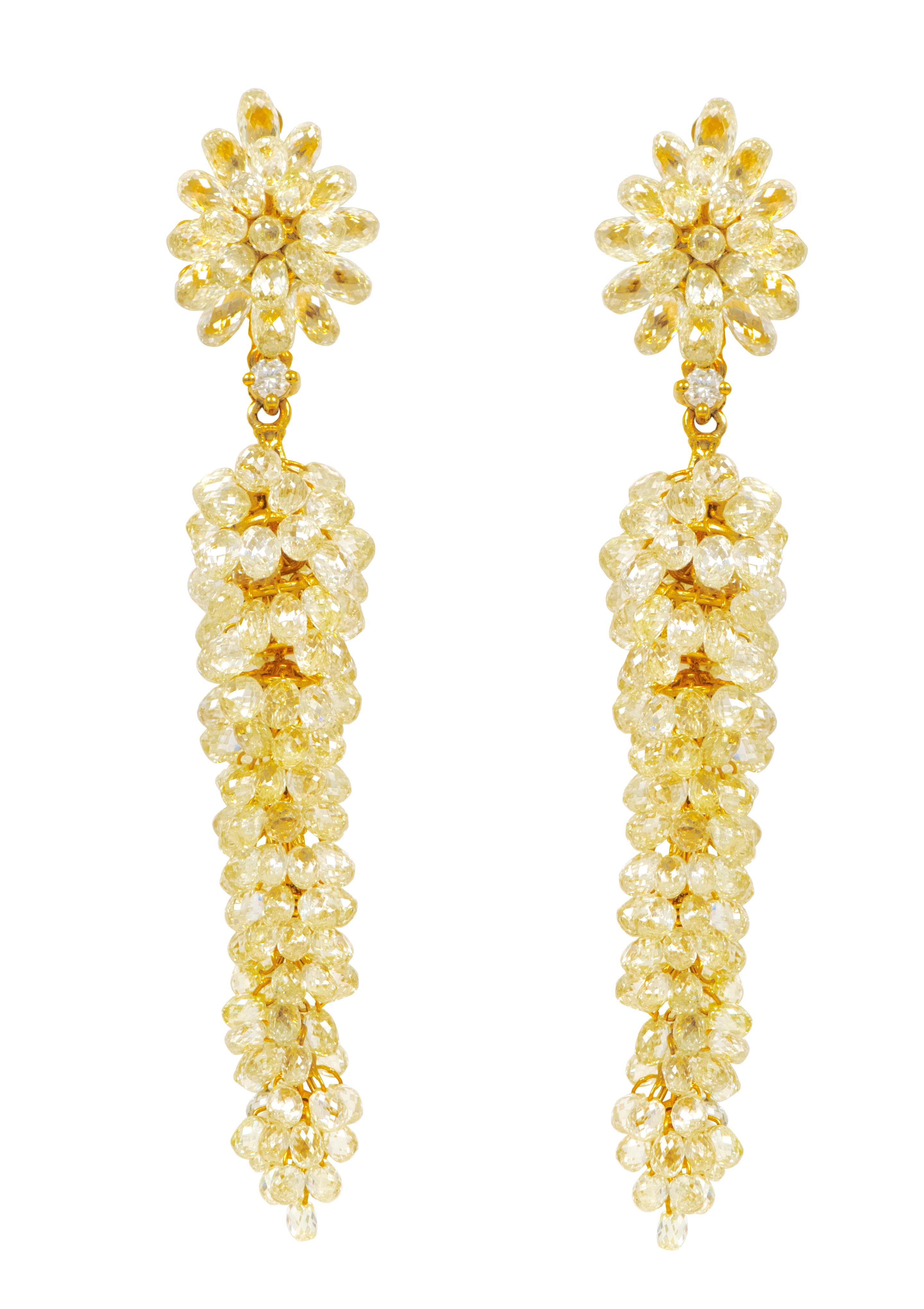 18 Karat Gold 44.62 Carat Fancy Diamond Briolette Drop Earrings In New Condition For Sale In Jaipur, IN