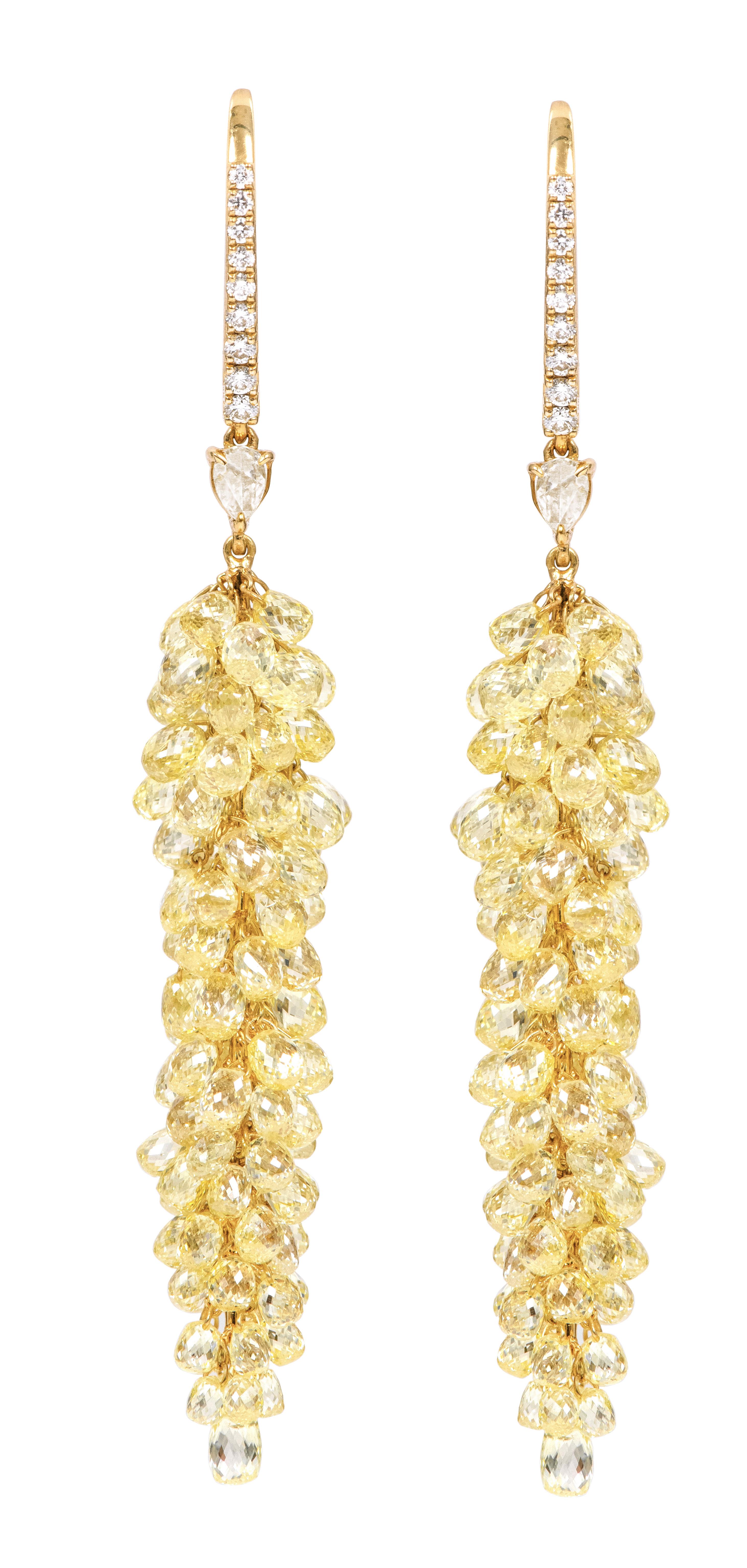 18 Karat Gold 34.56 Carat Fancy Diamond Briolette Drop Earrings In New Condition For Sale In Jaipur, IN