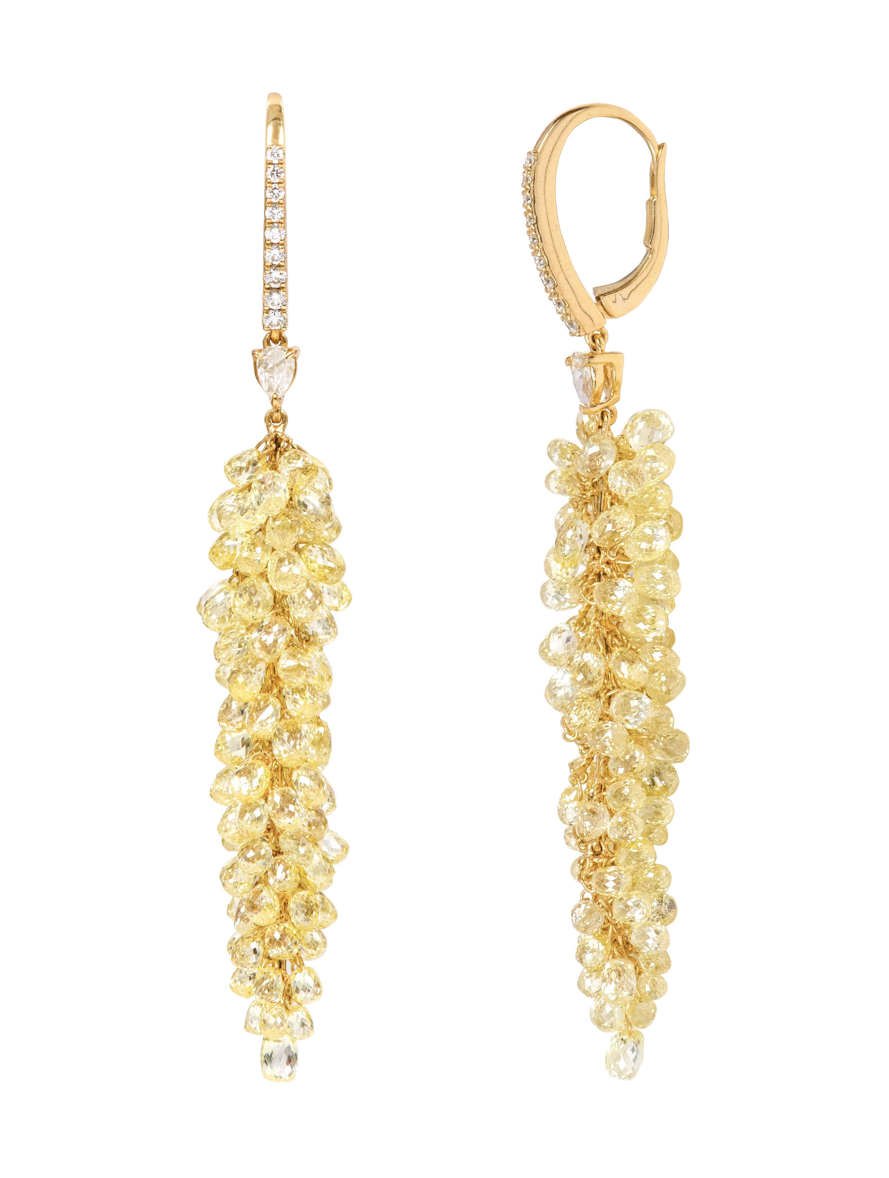 Women's 18 Karat Gold 34.56 Carat Fancy Diamond Briolette Drop Earrings For Sale