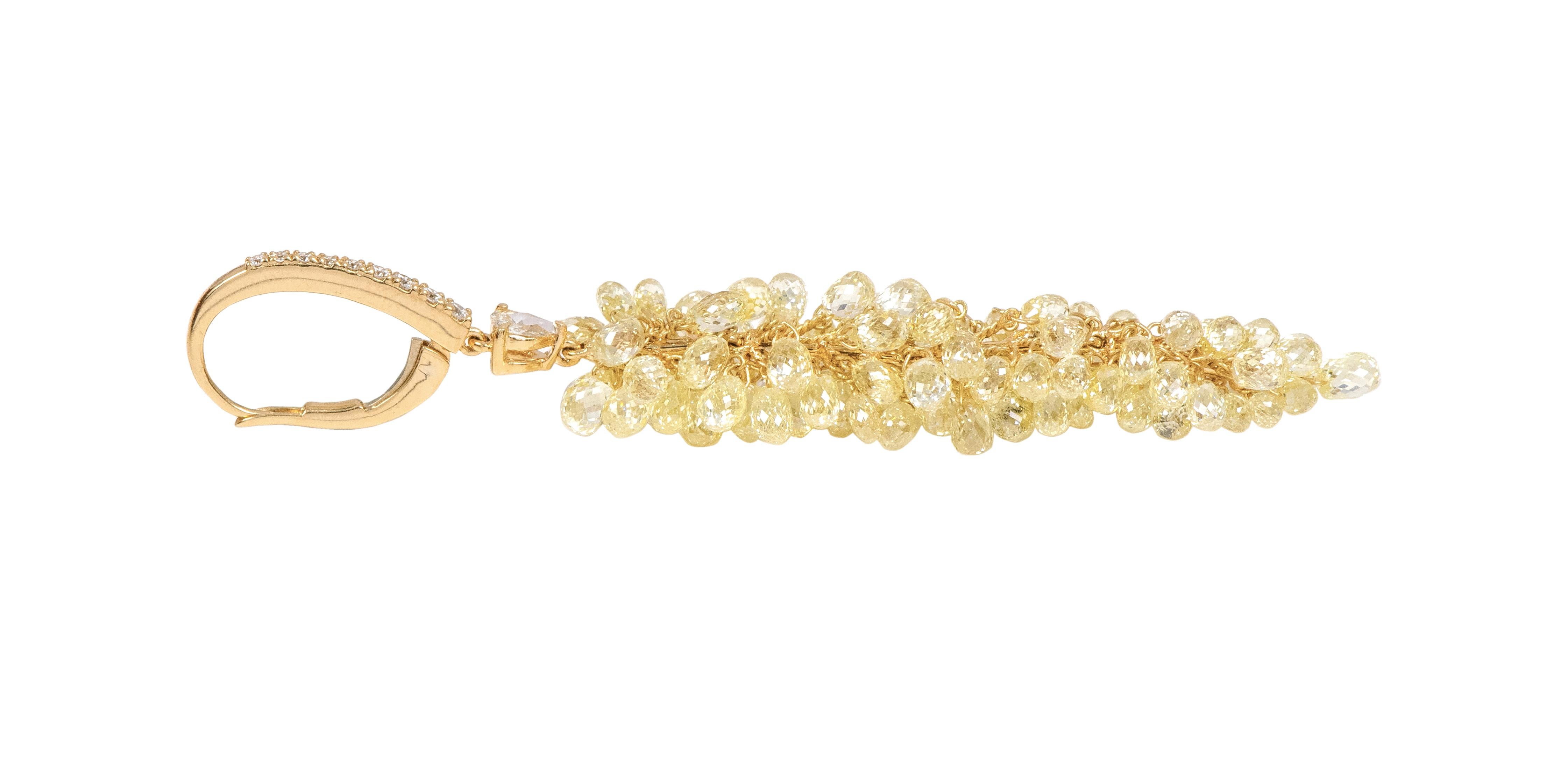 18 Karat Gold 34.56 Carat Fancy Diamond Briolette Drop Earrings For Sale 1