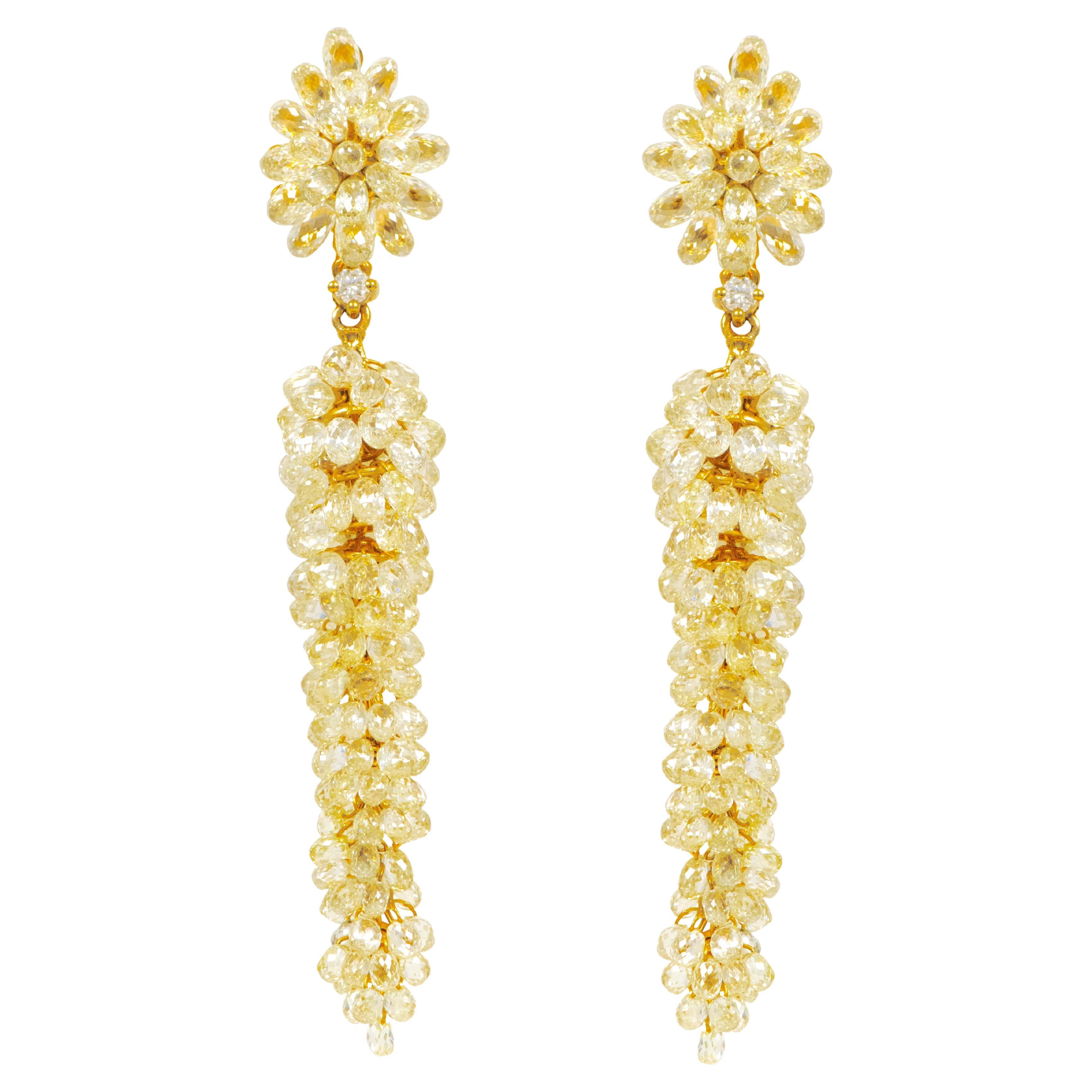 18 Karat Gold 44.62 Carat Fancy Diamond Briolette Drop Earrings For Sale