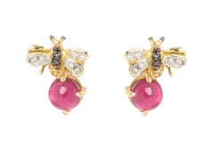 18 Karat Gold 3.50 Karat Pink Tourmaline 0.10 Karat Diamonds Bees Stud Earrings