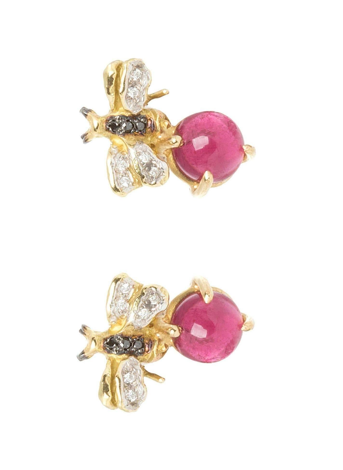 Mixed Cut 18 Karat Gold 3.50 Karat Pink Tourmaline 0.10 Karat Diamonds Bees Stud Earrings For Sale