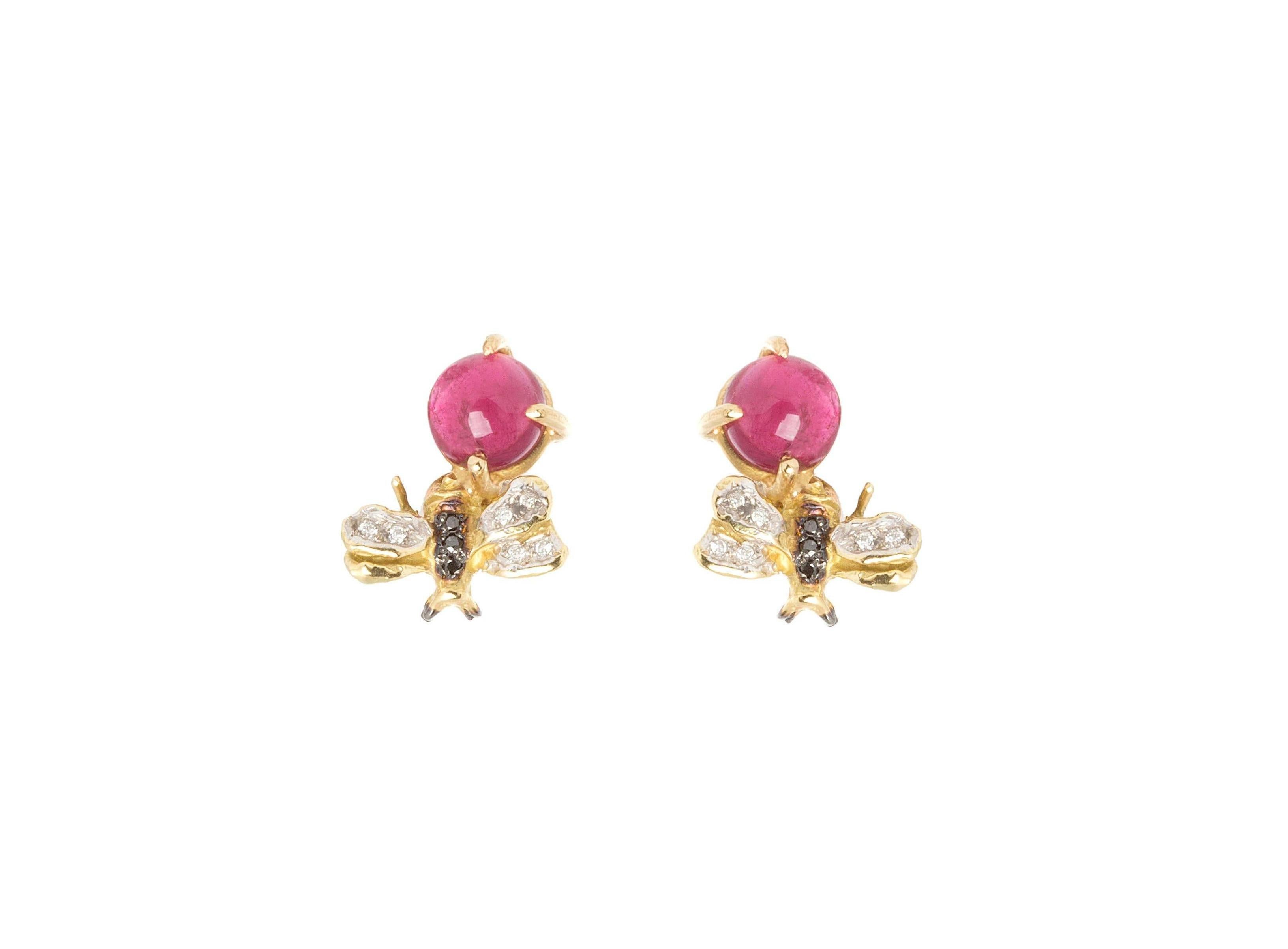 18 Karat Gold 3.50 Karat Pink Tourmaline 0.10 Karat Diamonds Bees Stud Earrings In New Condition For Sale In Rome, IT