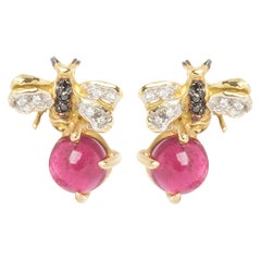 Clous d'oreilles en or 18 carats avec tourmaline rose de 3,50 carats et diamants en forme d'abeilles de 0,10 carat