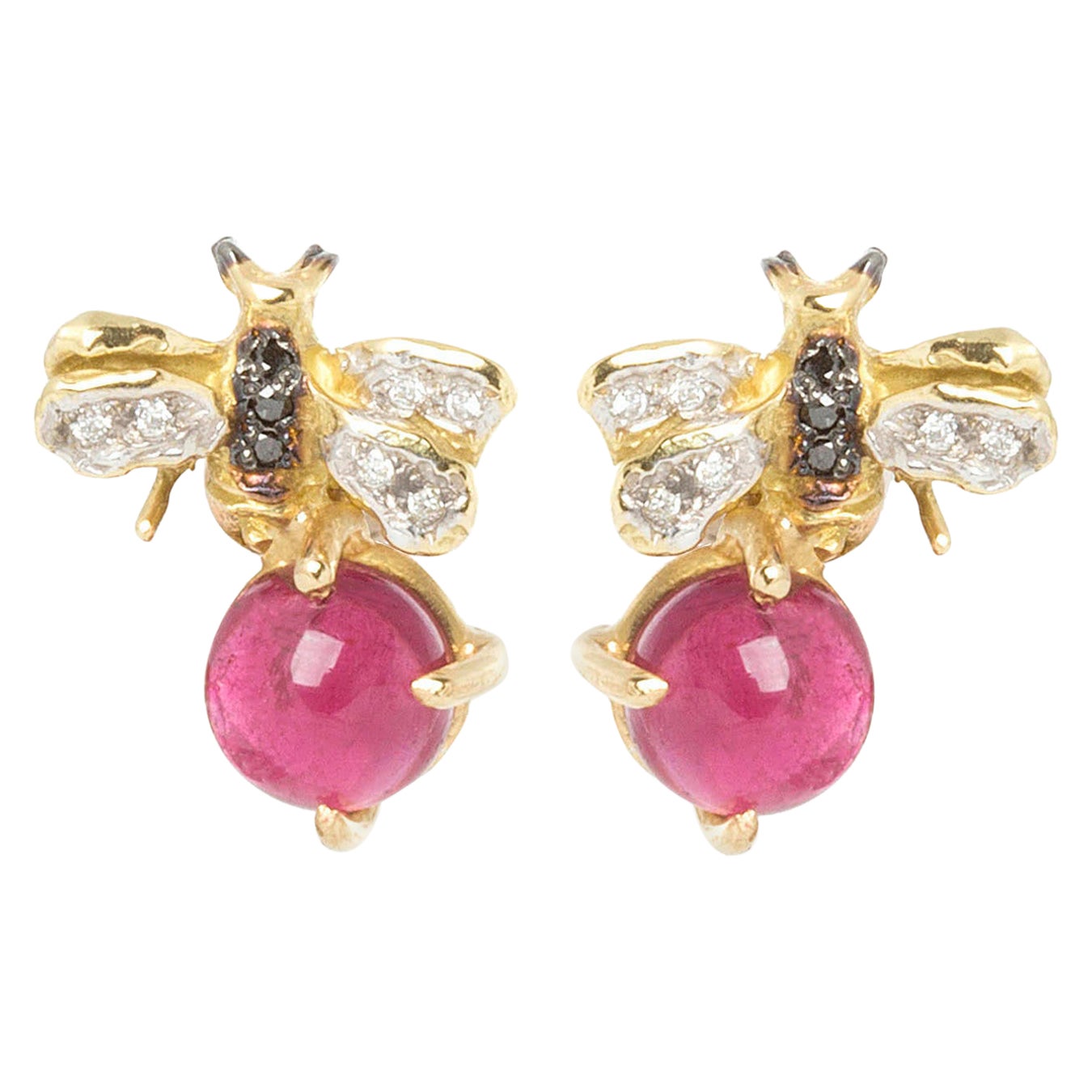 Clous d'oreilles en or 18 carats avec tourmaline rose de 3,50 carats et diamants en forme d'abeilles de 0,10 carat