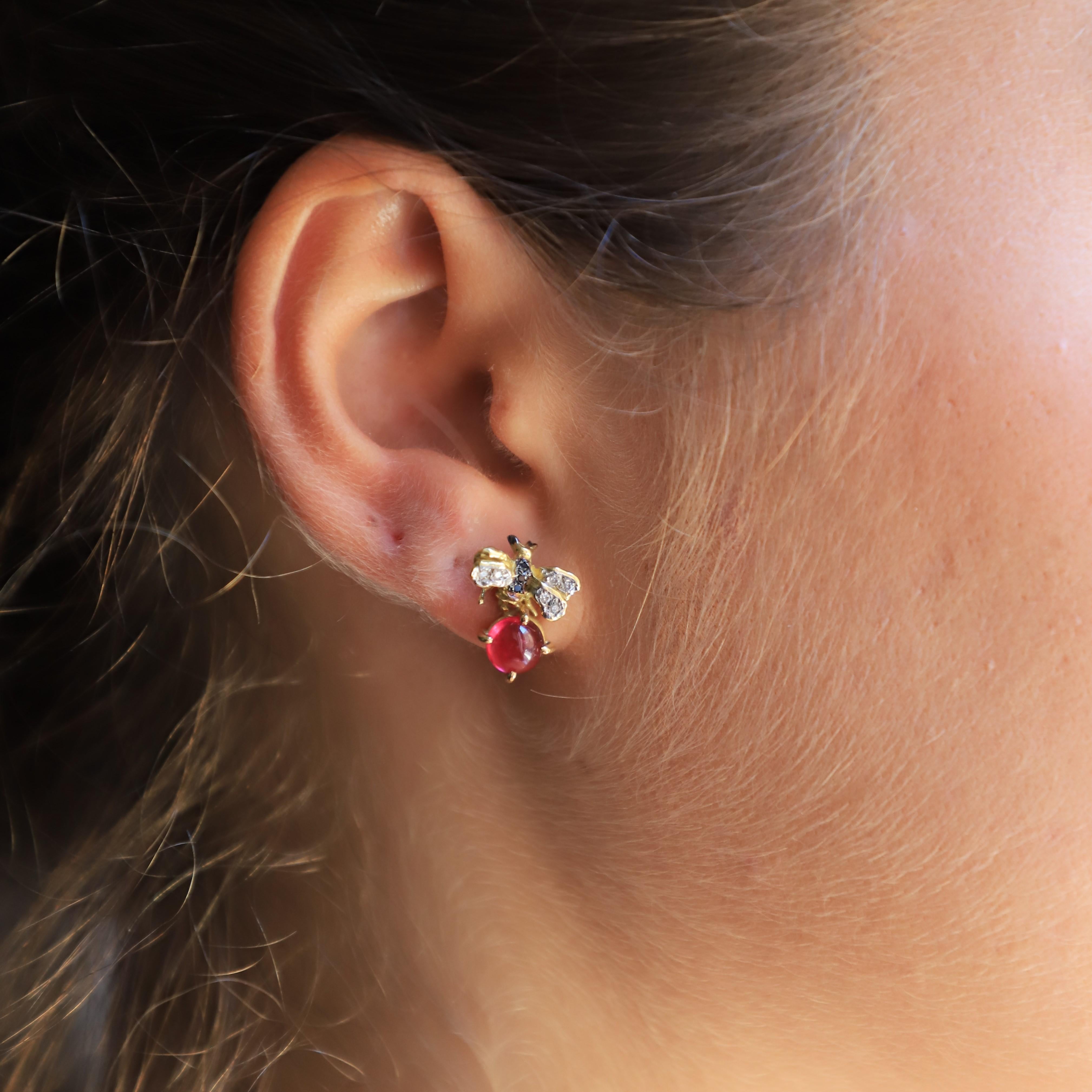 Rossella Ugolini 18K Gold 3.5 Kt Pink Tourmaline Diamonds Bees Stud Earrings For Sale 5