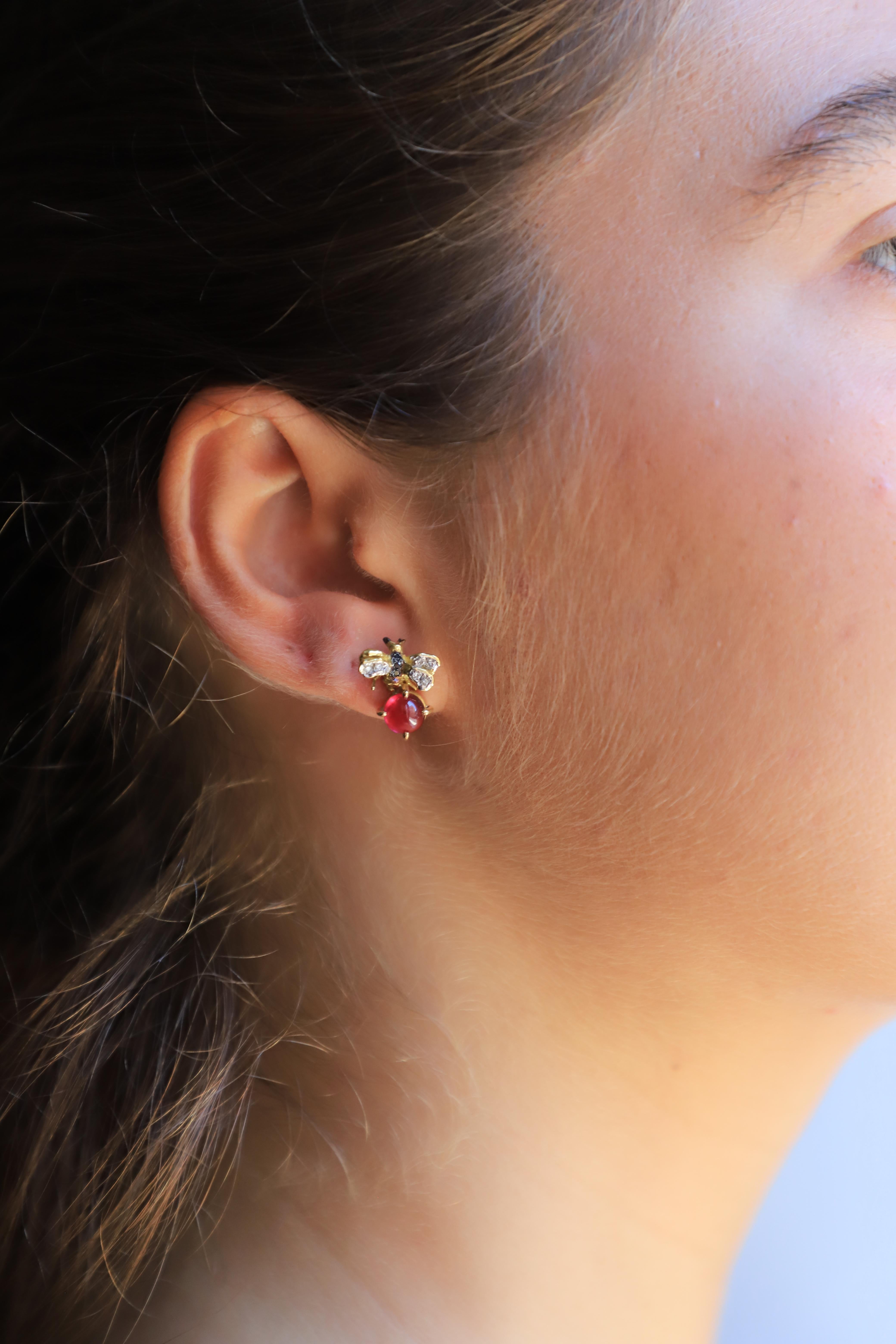 Rossella Ugolini 18K Gold 3.5 Kt Pink Tourmaline Diamonds Bees Stud Earrings For Sale 11